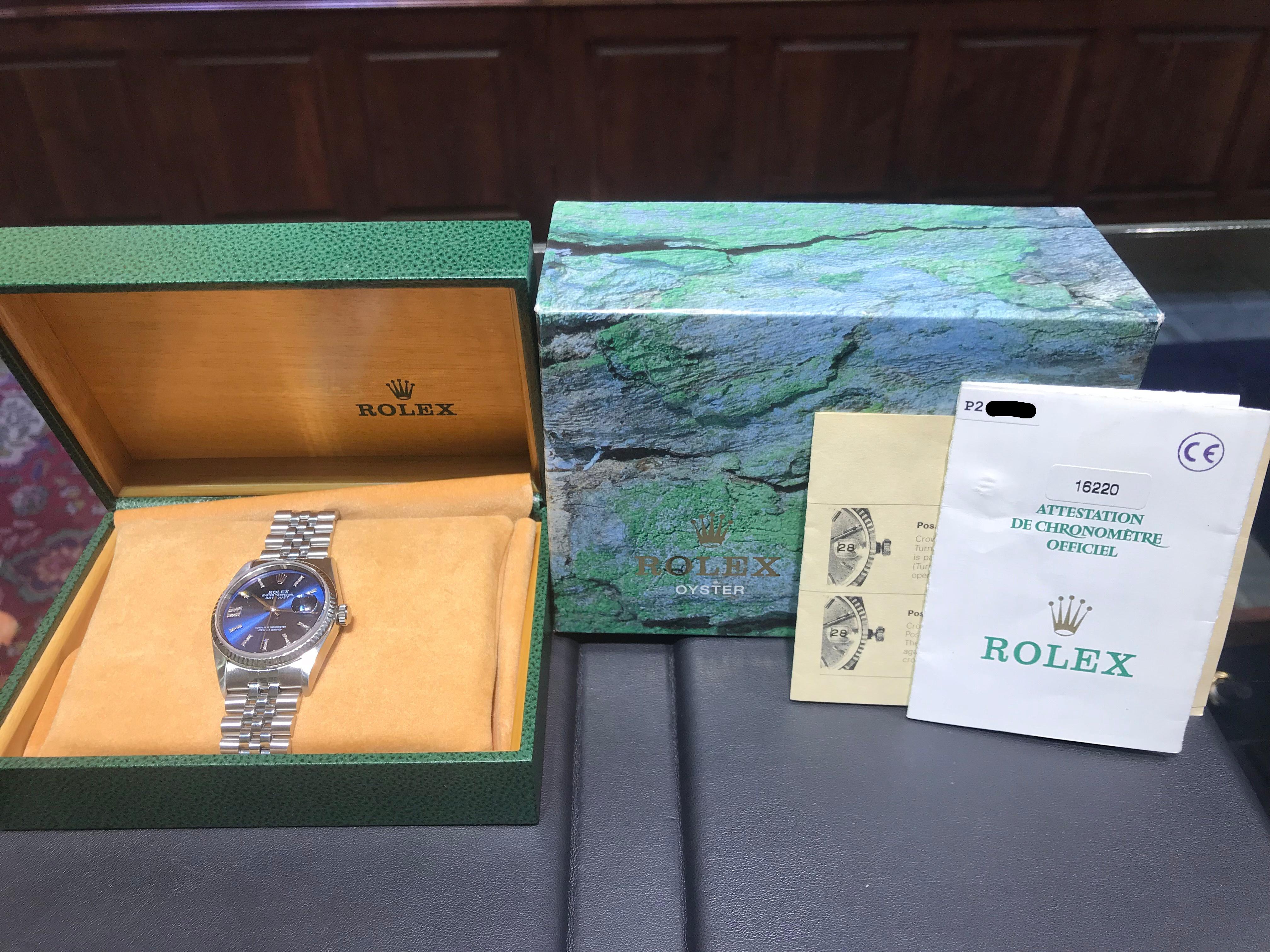 Rolex Stainless Steel Datejust Blue Diamond Dial Wristwatch, circa 2000 In Excellent Condition In New Orleans, LA