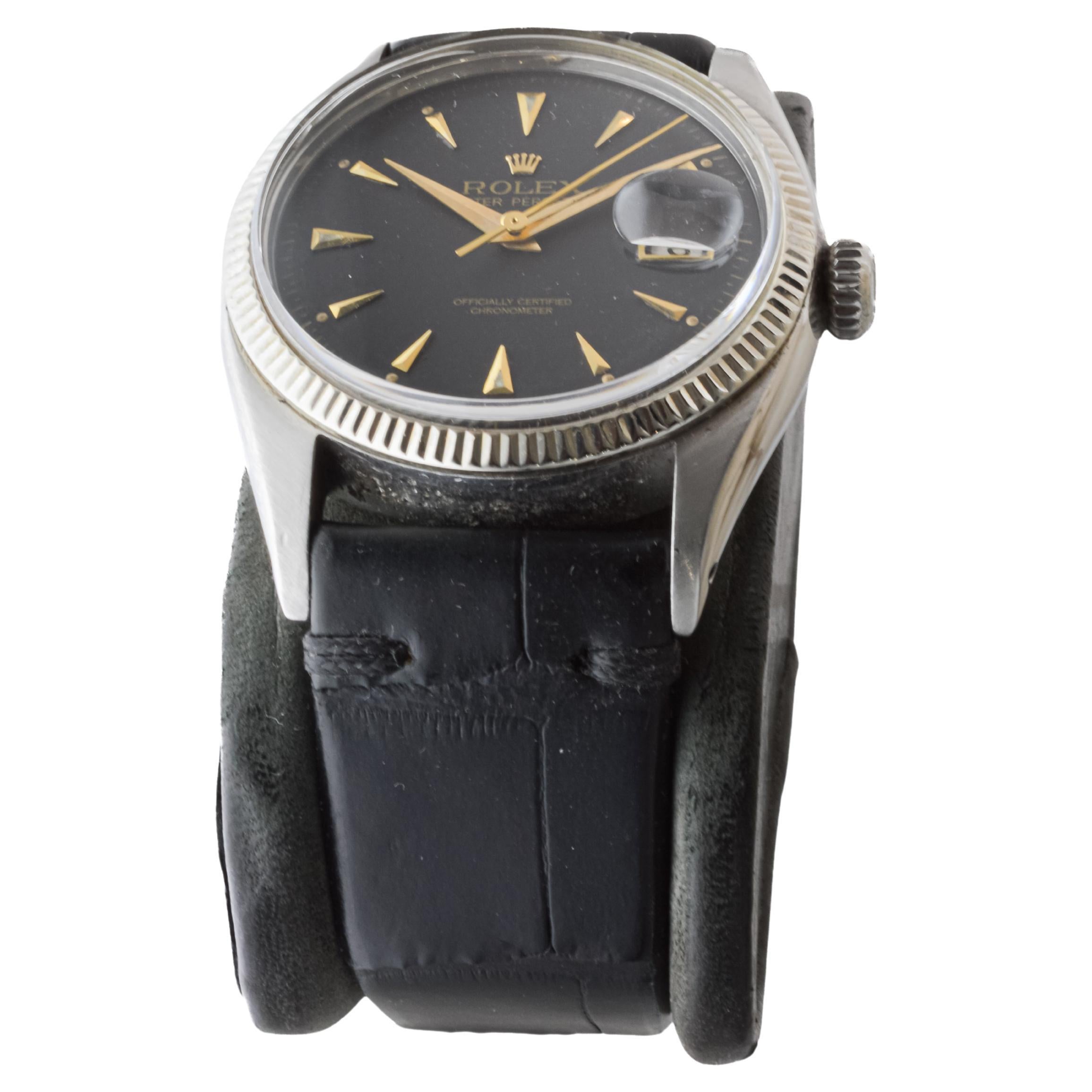 Rolex Stainless Steel Datejust circa 1953-54 with Original Solid Gold Bezel In Excellent Condition In Long Beach, CA