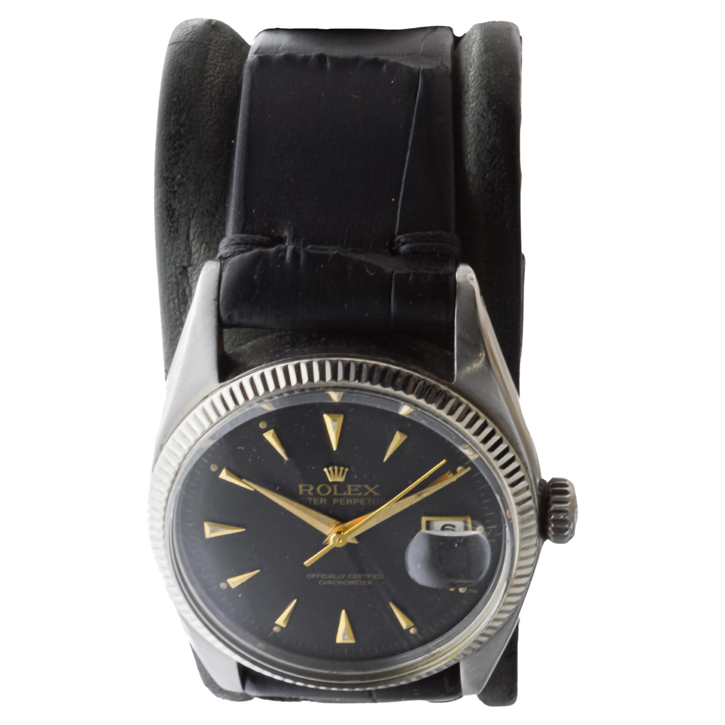 Women's or Men's Rolex Stainless Steel Datejust circa 1953-54 with Original Solid Gold Bezel