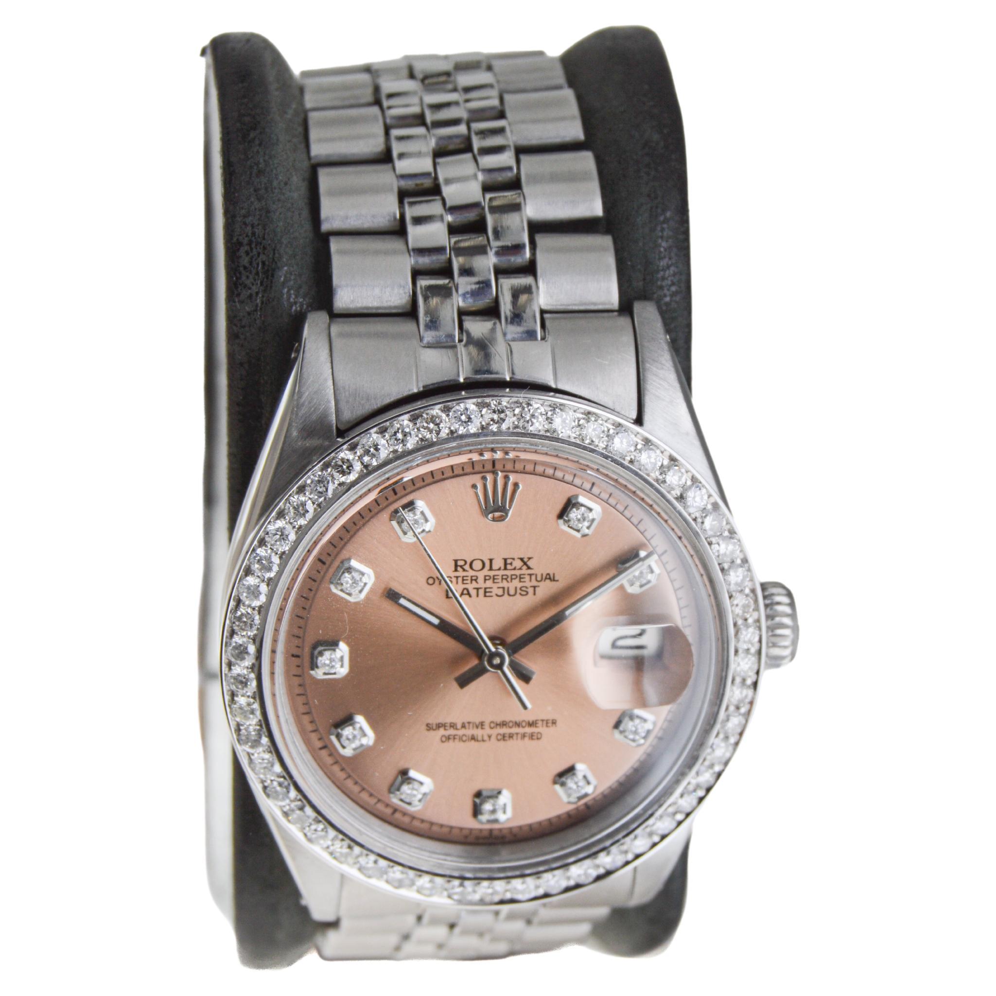 Modern Rolex Stainless Steel Datejust Custom Finished Dial Diamond Bezel, circa 1960's For Sale