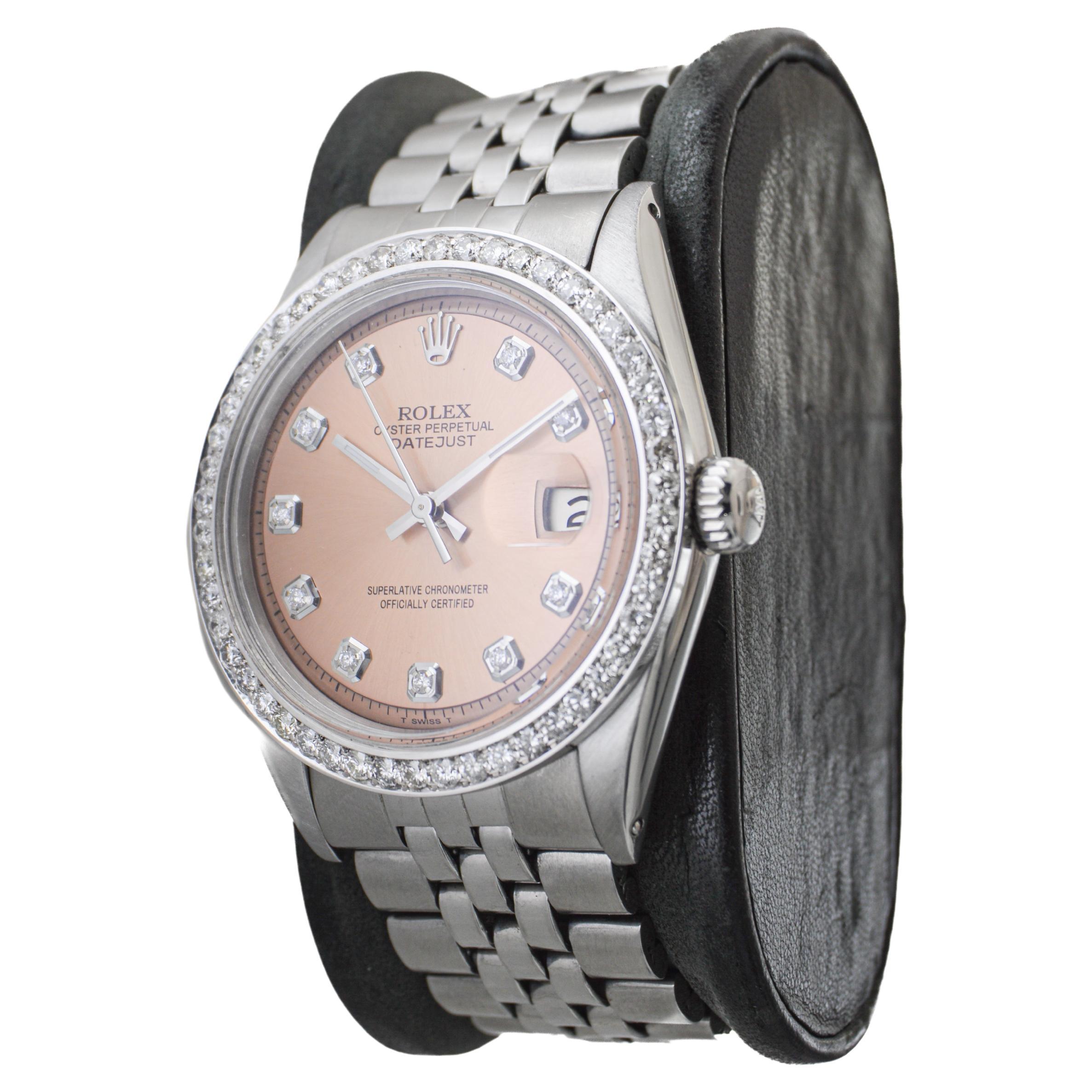 Women's or Men's Rolex Stainless Steel Datejust Custom Finished Dial Diamond Bezel, circa 1960's For Sale