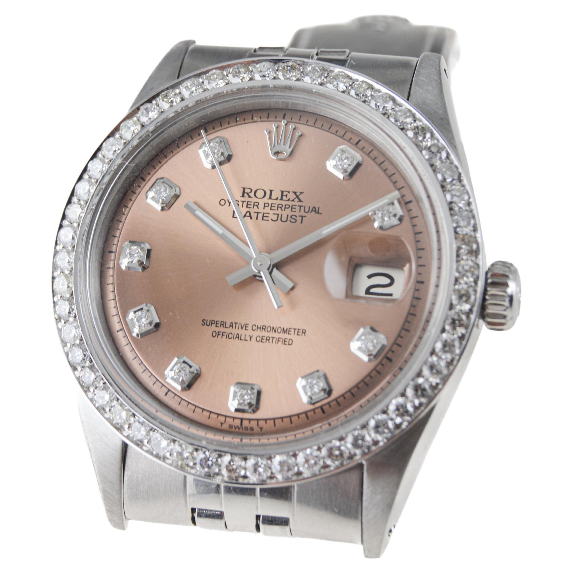 Rolex Stainless Steel Datejust Custom Finished Dial Diamond Bezel, circa 1960's For Sale 1