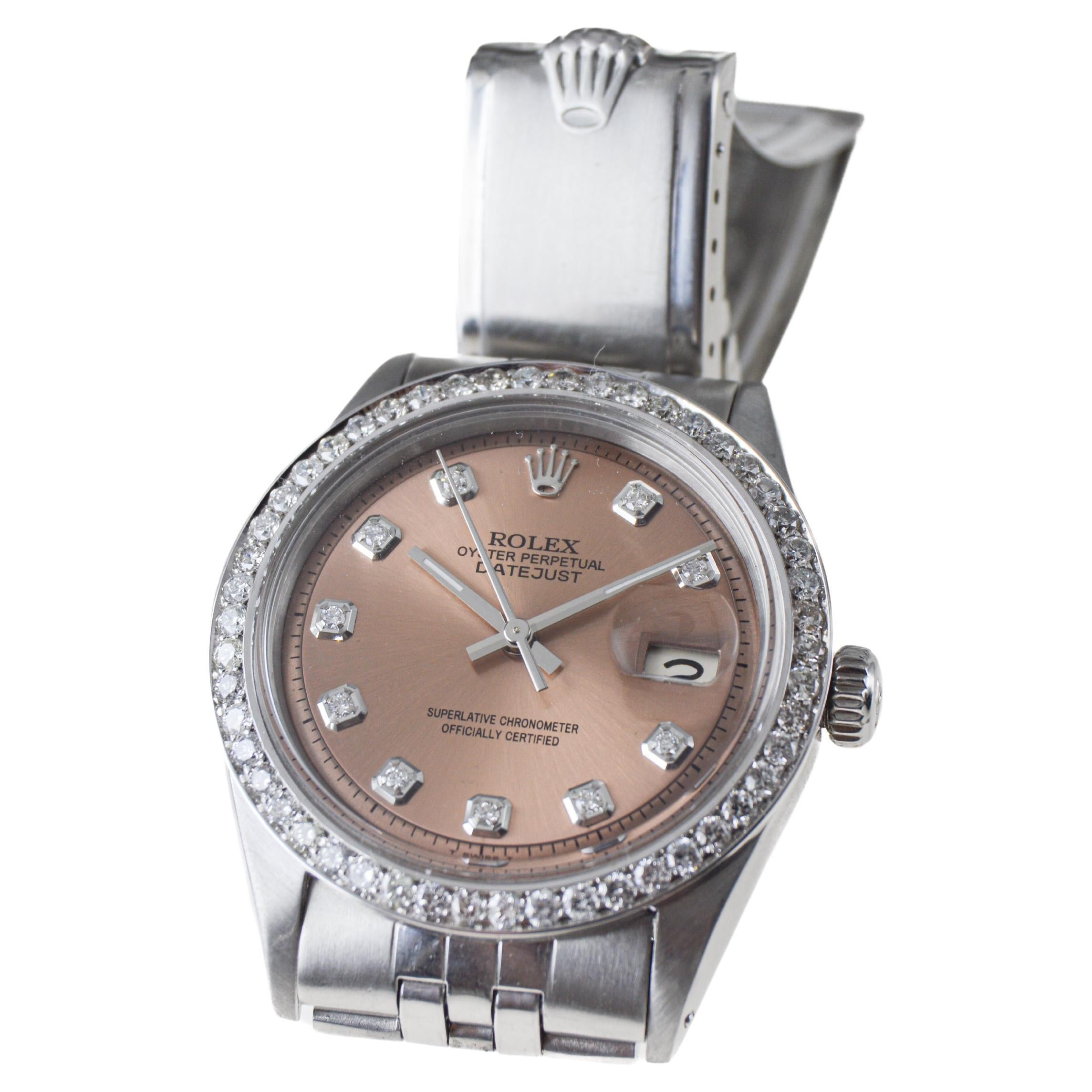 Rolex Stainless Steel Datejust Custom Finished Dial Diamond Bezel, circa 1960's For Sale 2