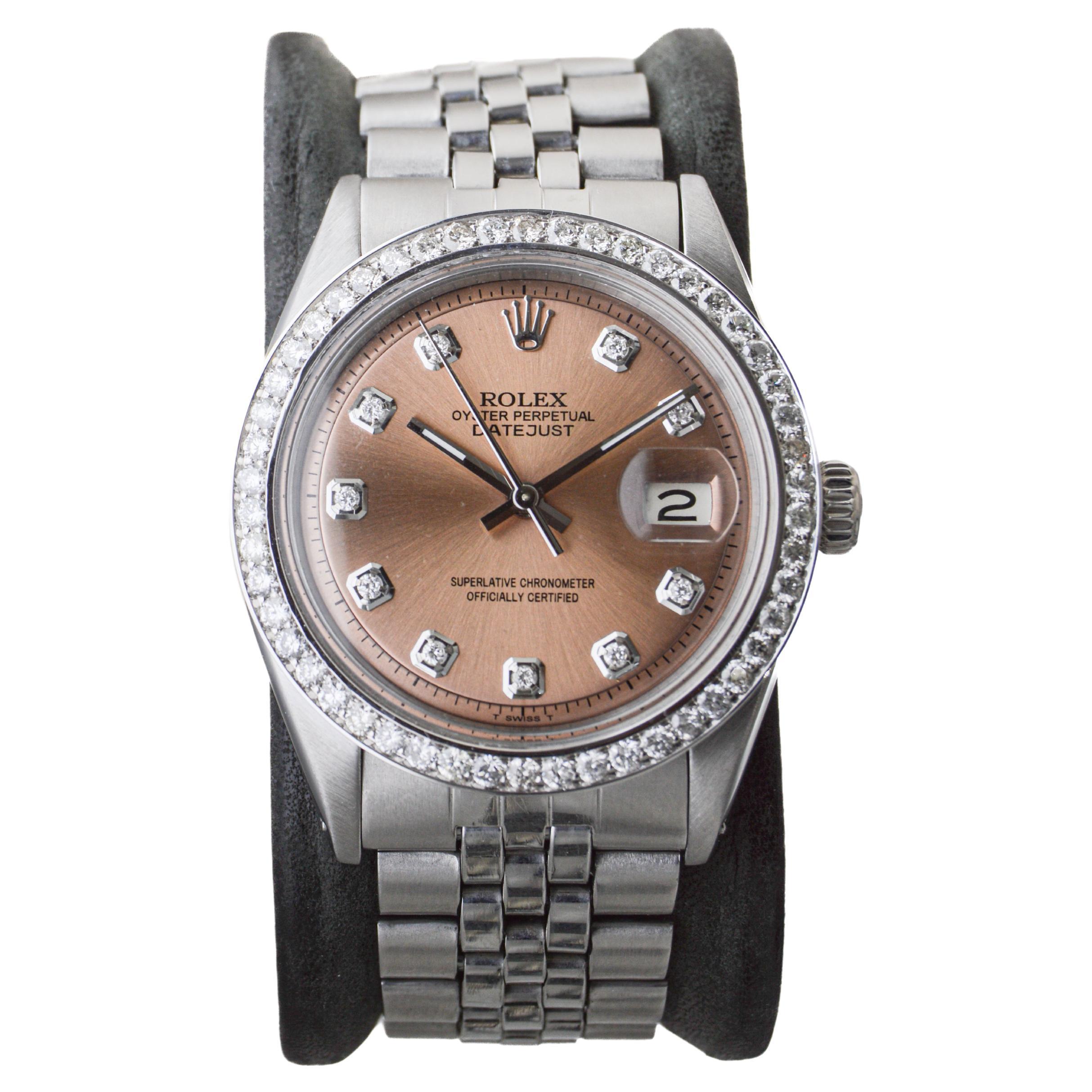 Rolex Stainless Steel Datejust Custom Finished Dial Diamond Bezel, circa 1960's For Sale