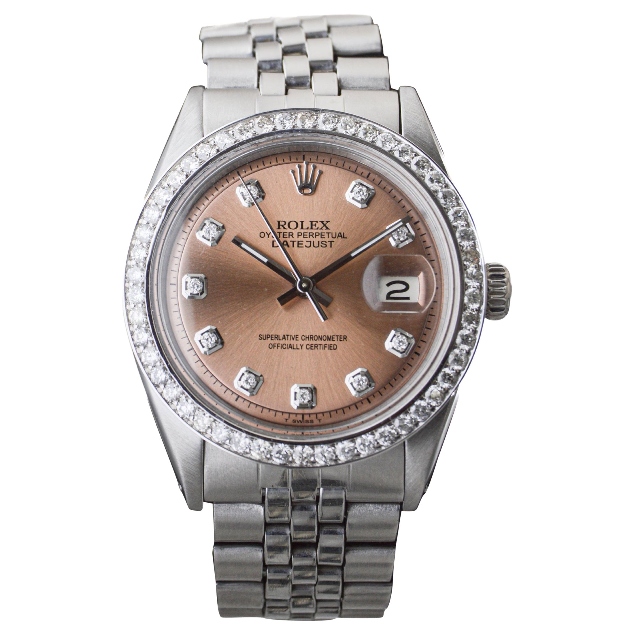 Rolex Edelstahl Datejust Custom Finished Dial Diamond Lünette, um 1970's