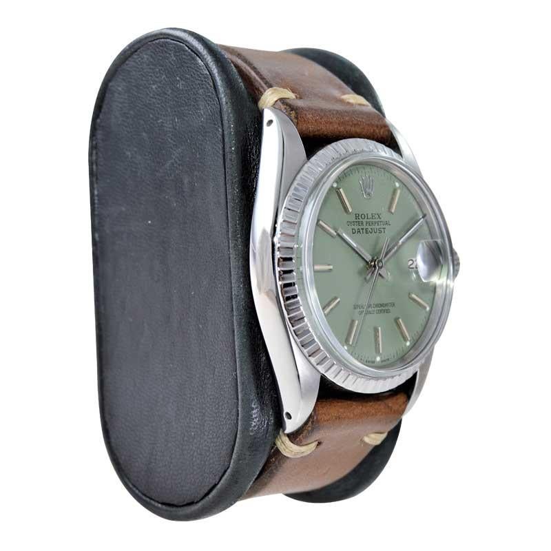 FACTORY / HOUSE: Rolex Watch Company
STYLE / REFERENCE: Datejust / Reference 1603 
METAL / MATERIAL: Stainless Steel 
DIMENSIONS: Length 44mm  X Diameter 36mm
CIRCA / YEAR: 1970's
MOVEMENT / CALIBER: Perpetual Winding / 26 Jewels / Caliber
