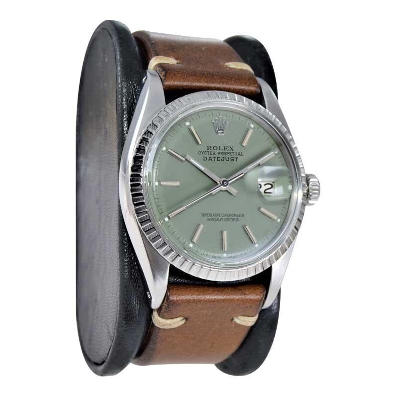 Rolex Stainless Steel Datejust Custom Finished Green Dial, Circa 1970's In Excellent Condition In Long Beach, CA