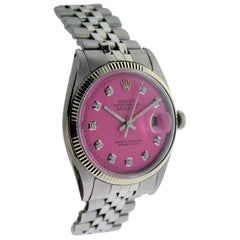 Rolex Stainless Steel Datejust Custom Pink Diamond Dial Wristwatch, 1970s