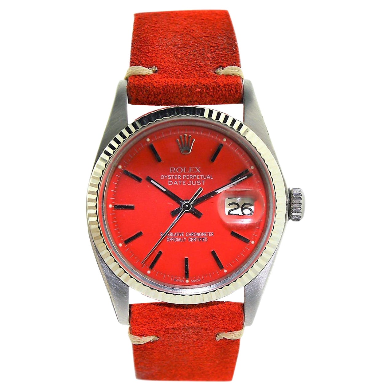 Rolex Edelstahl Datejust Custom rotes Zifferblatt Uhr circa, 1970's im Angebot