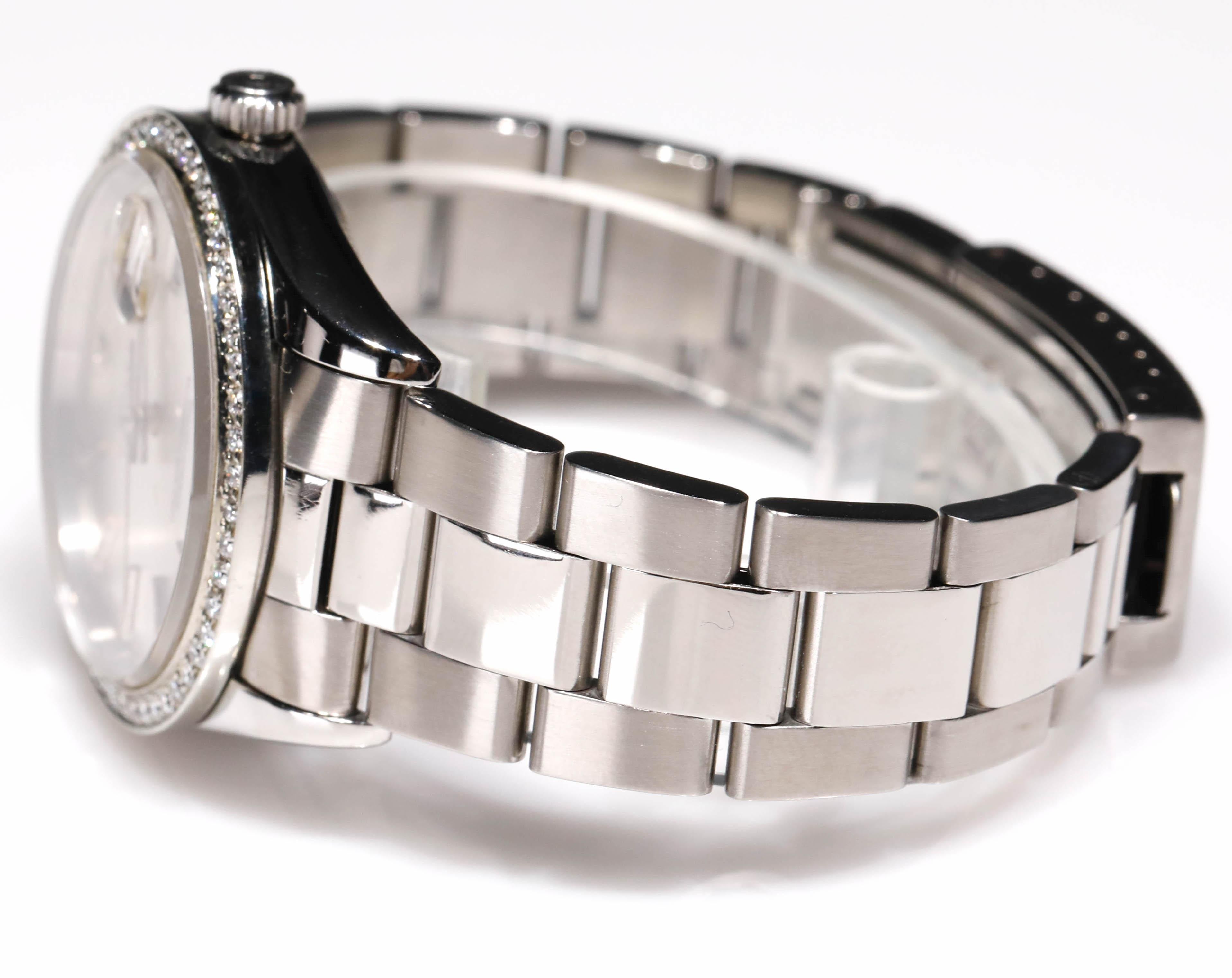 Rolex Stainless Steel Datejust Diamond Bezel Automatic Wristwatch Mens

SKU: WA00019

PRIMARY DETAILS
Brand:  Rolex
Model: MENS STAINLESS ROLEX DATEJUST
Country of Origin: Switzerland
Movement Type: Automatic
Year of Manufacture: 1991-08

Condition:
