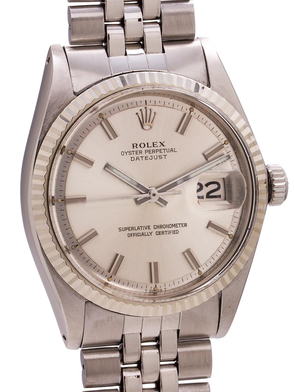Rolex Stainless Steel Datejust “Fat Boy” ref # 1601 serial# 2.4 million circa 1969. 36mm diameter case with 14K white gold fluted bezel and acrylic crystal. Original silvered satin pie pan dial, given the “Fat Boy” nickname on account of the short