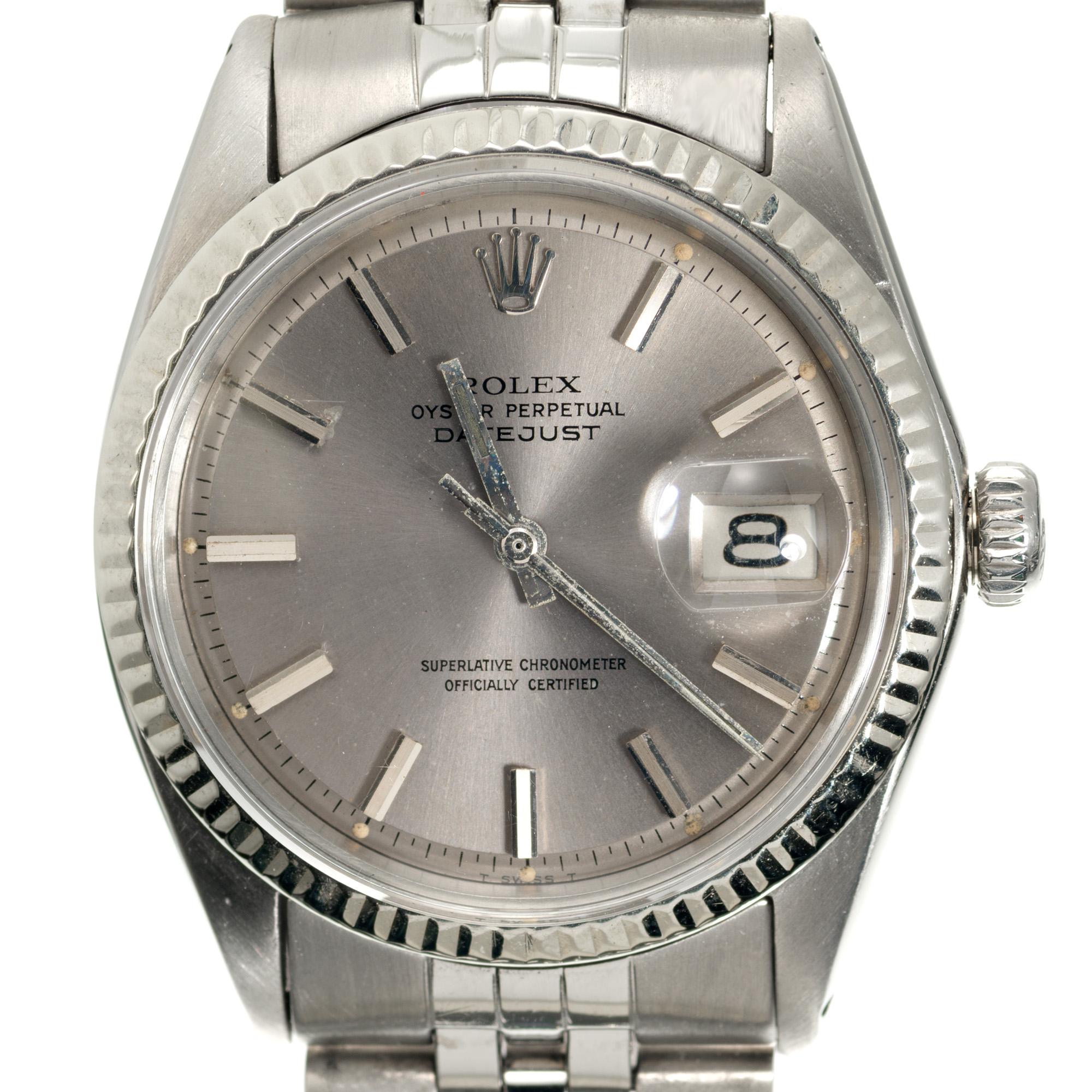 All original 1967 Men's Rolex DateJust. Original acrylic crystal and gray pie pan dial. Jubilee stainless steel band. 7 7/8 inches. Recently serviced. 

Length: 42.75mm
Width: 36mm
Band width at case: 20mm
Case thickness: 13.10mm
Crystal: