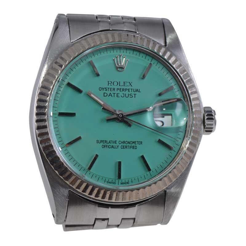 Rolex Stainless Steel Datejust Model with Custom Tiffany Blue Dial circa 1970's In Excellent Condition In Long Beach, CA