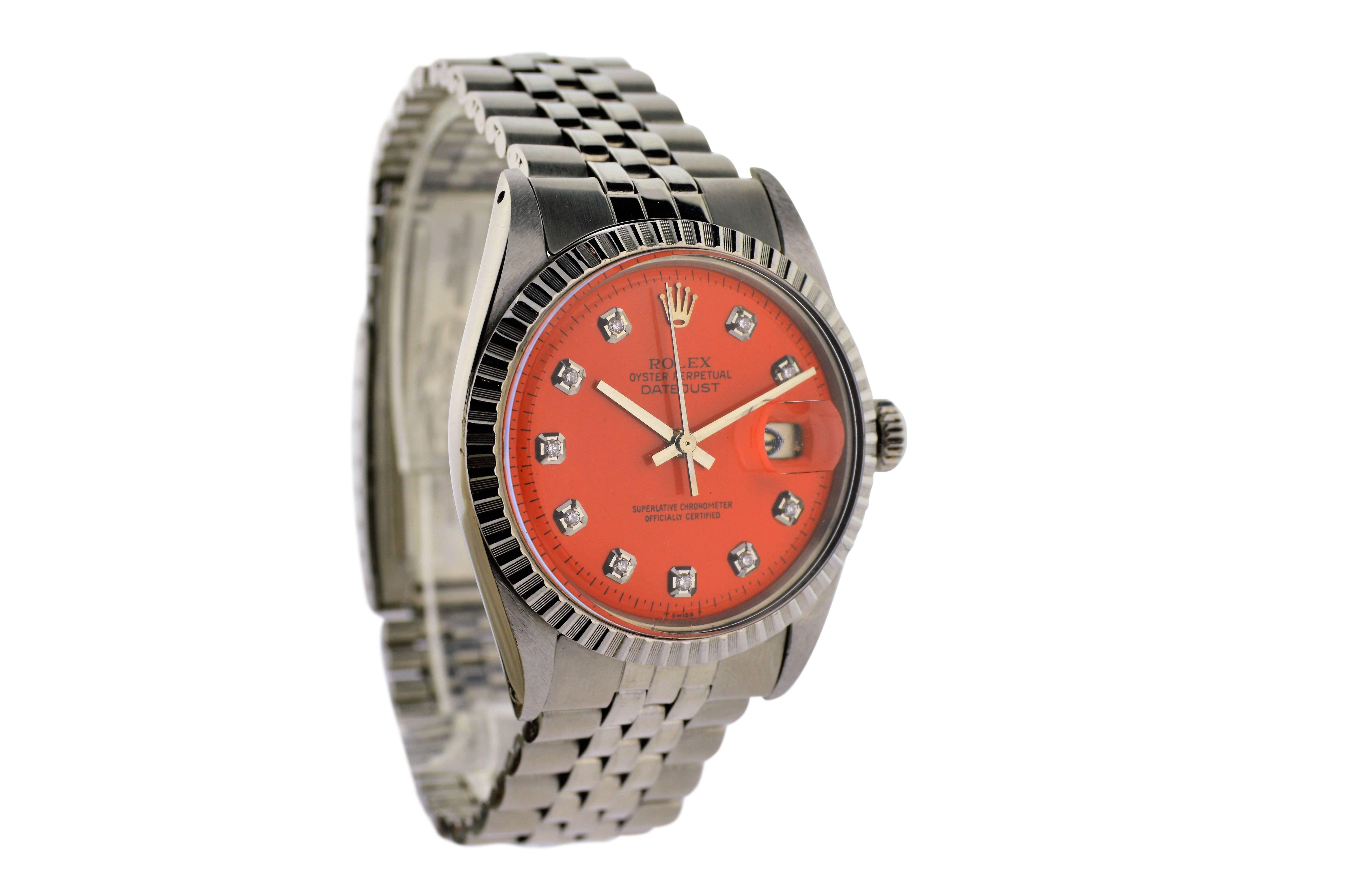 FACTORY / HOUSE: Rolex Watch Company
STYLE / REFERENCE: Datejust / Reference 1601 / 1603
METAL / MATERIAL: Stainless Steel
CIRCA: 1970's
MOVEMENT / CALIBER: Perpetual Winding / 26 Jewels / Caliber 1570
DIAL / HANDS: Rolex Swiss Standards Replacement