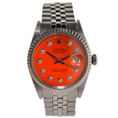 Vintage Rolex Stainless Steel Datejust Orange Diamond Dial Perpetual Wind Wristwatch
