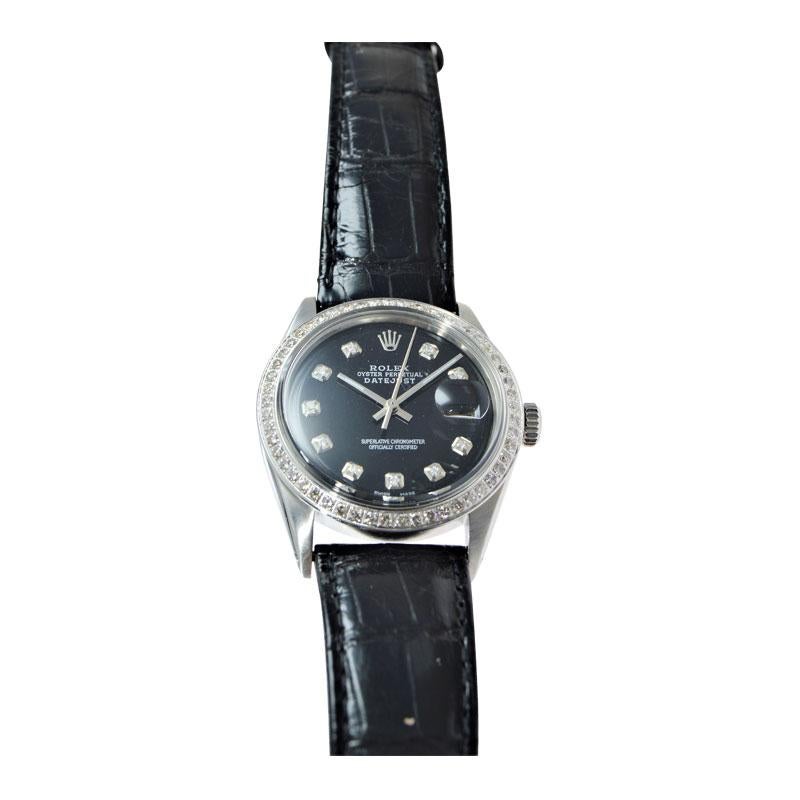 Round Cut Rolex Stainless Steel Datejust Ref. 1601 Custom Diamond Dial, circa 1970s For Sale