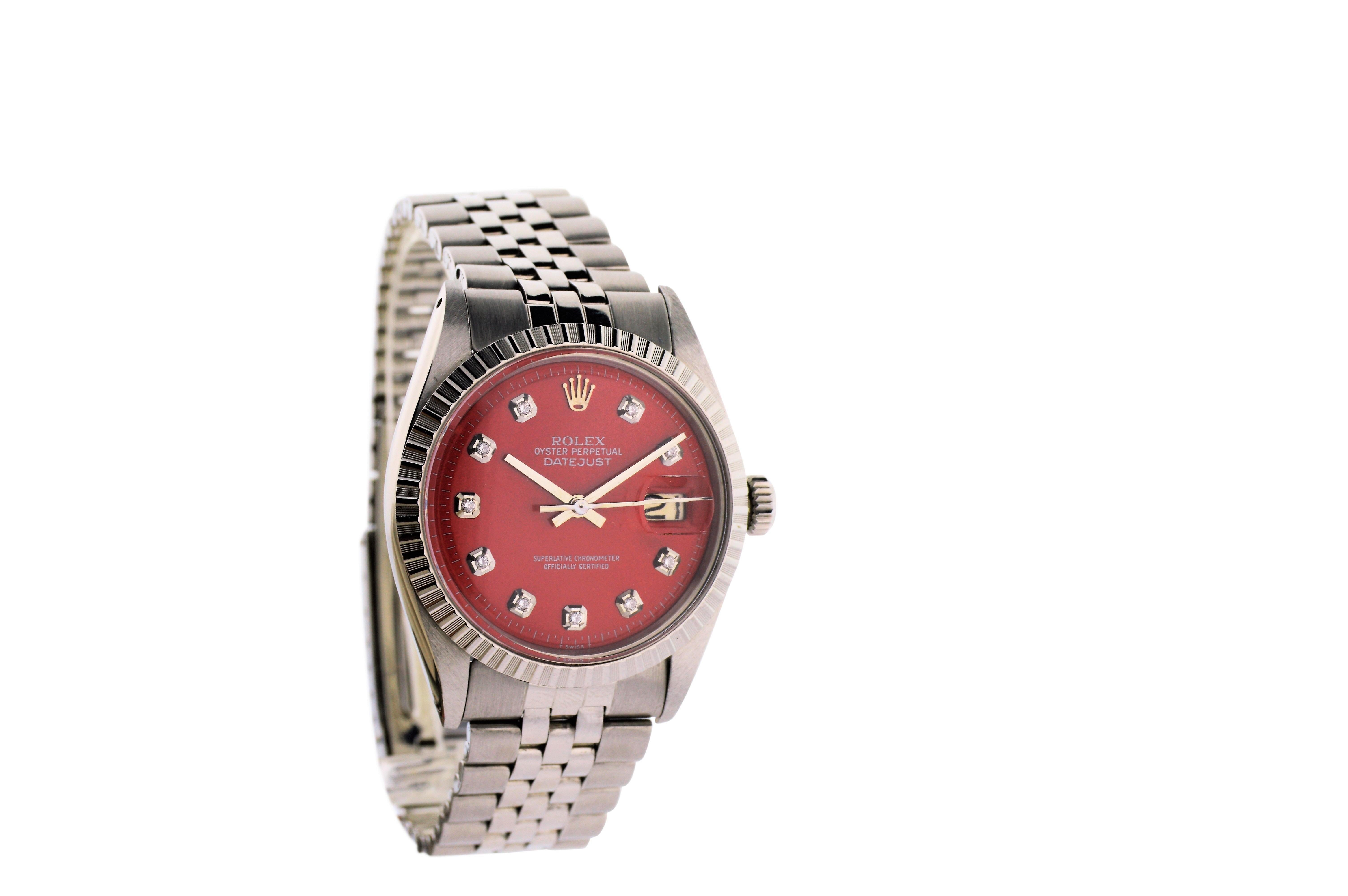 Rolex Stainless Steel Datejust Ref 1603 Custom Red Diamond Dial, Dated 1977 In Excellent Condition In Long Beach, CA