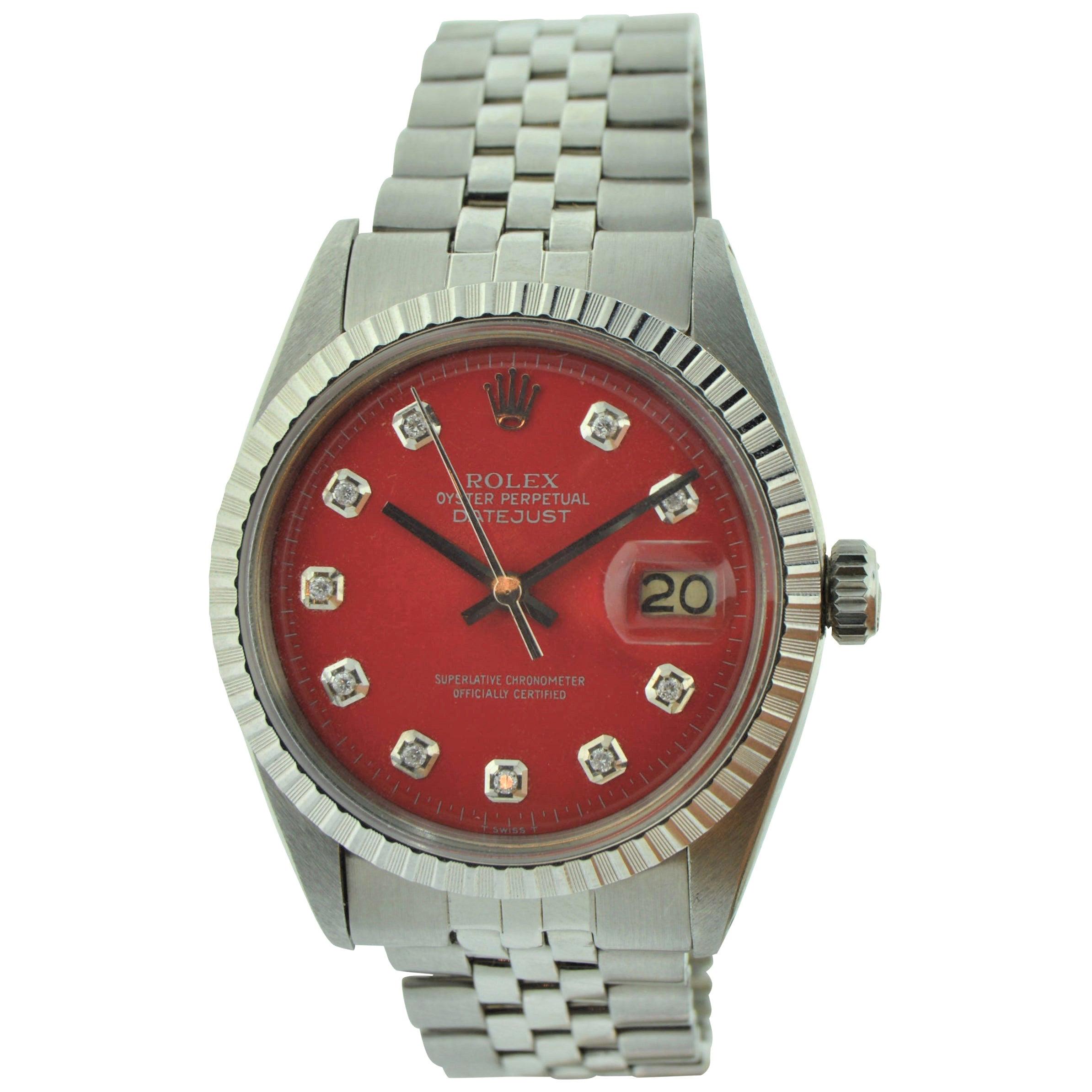 Rolex Montre Datejust en acier inoxydable avec cadran en diamant rouge personnalisé, réf. 1603, datée de 1977