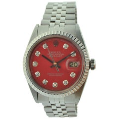 Rolex Montre Datejust en acier inoxydable avec cadran en diamant rouge personnalisé, réf. 1603, datée de 1977