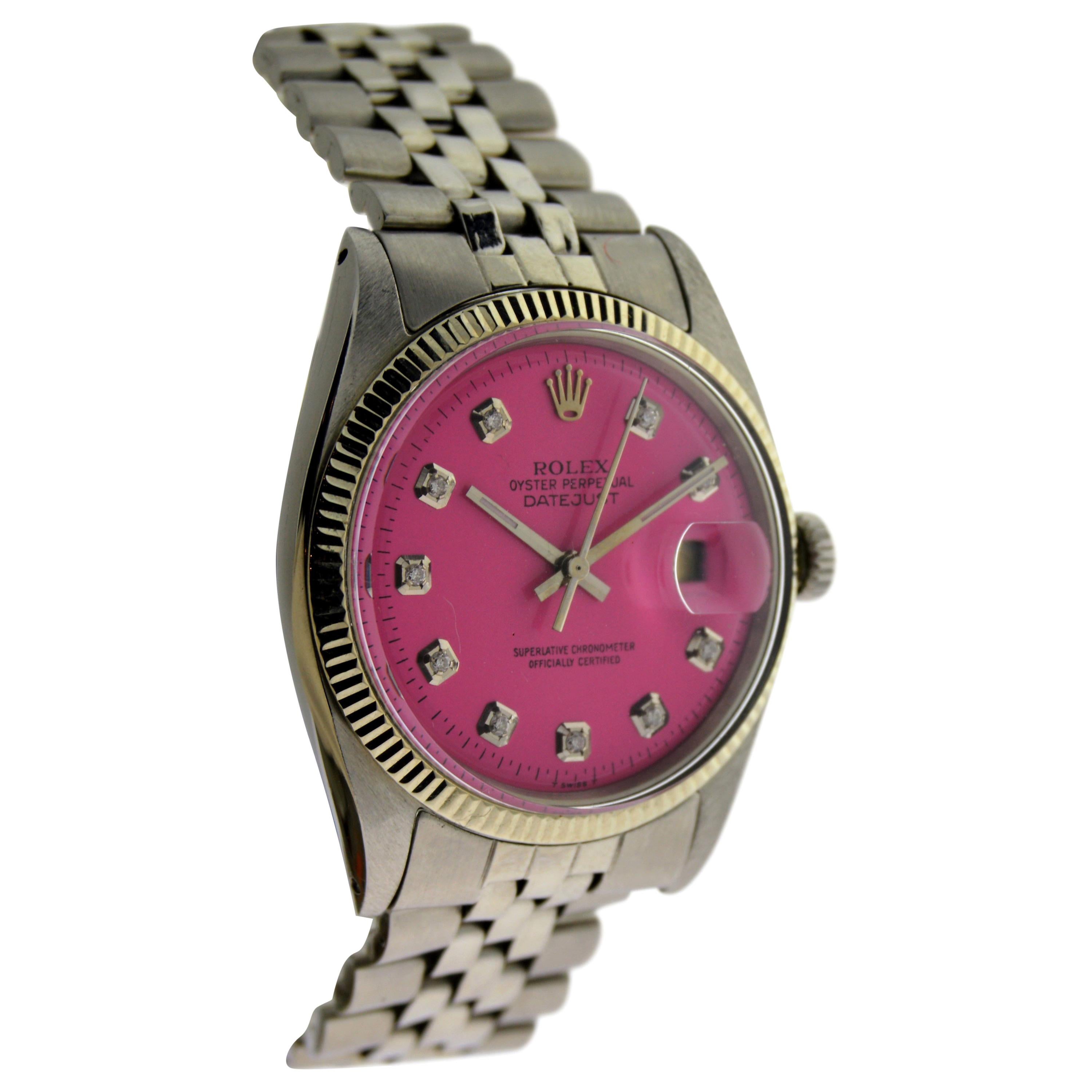 Rolex Stainless Steel Datejust Replacement Pink Diamond Dial Wristwatch at 1stDibs