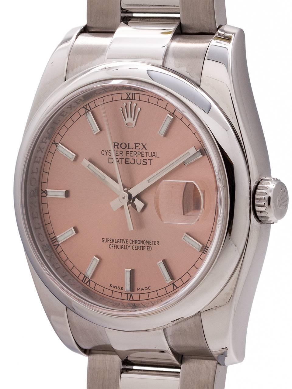 
Current model preowned Rolex Datejust ref 116200 stainless steel circa 2007. Featuring 36mm diameter case with smooth dome bezel, sapphire crystal, and beautiful original pink dial with stick luminova indexes and silver baton luminova hands.