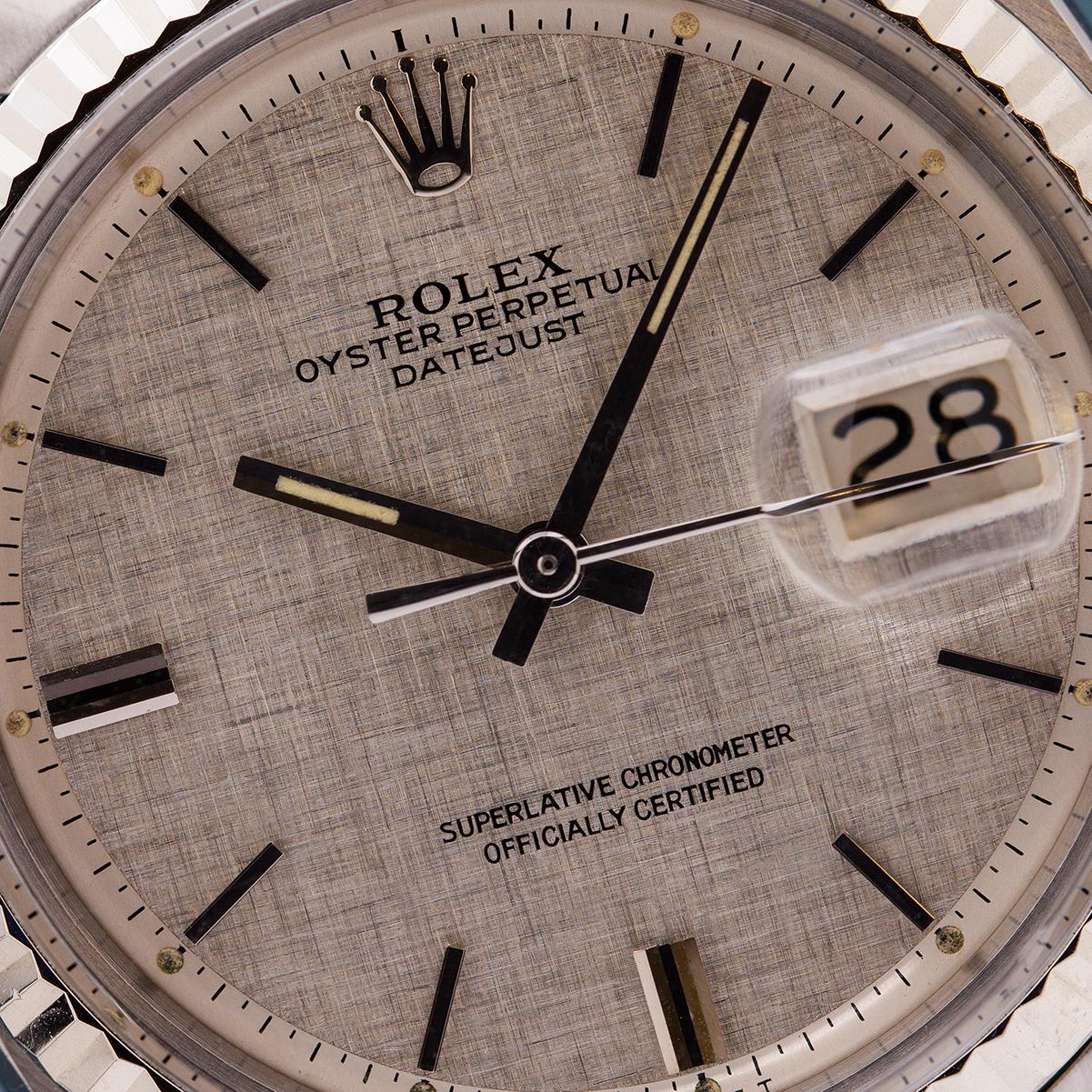 Rolex Datejust stainless steel ref 1601, serial# 3.2 million circa 1971. Featuring 36mm diameter Oyster case with acrylic crystal, and very distinctive silvered satin, linen finish dial with applied silver indexes inlaid with black enamel, and