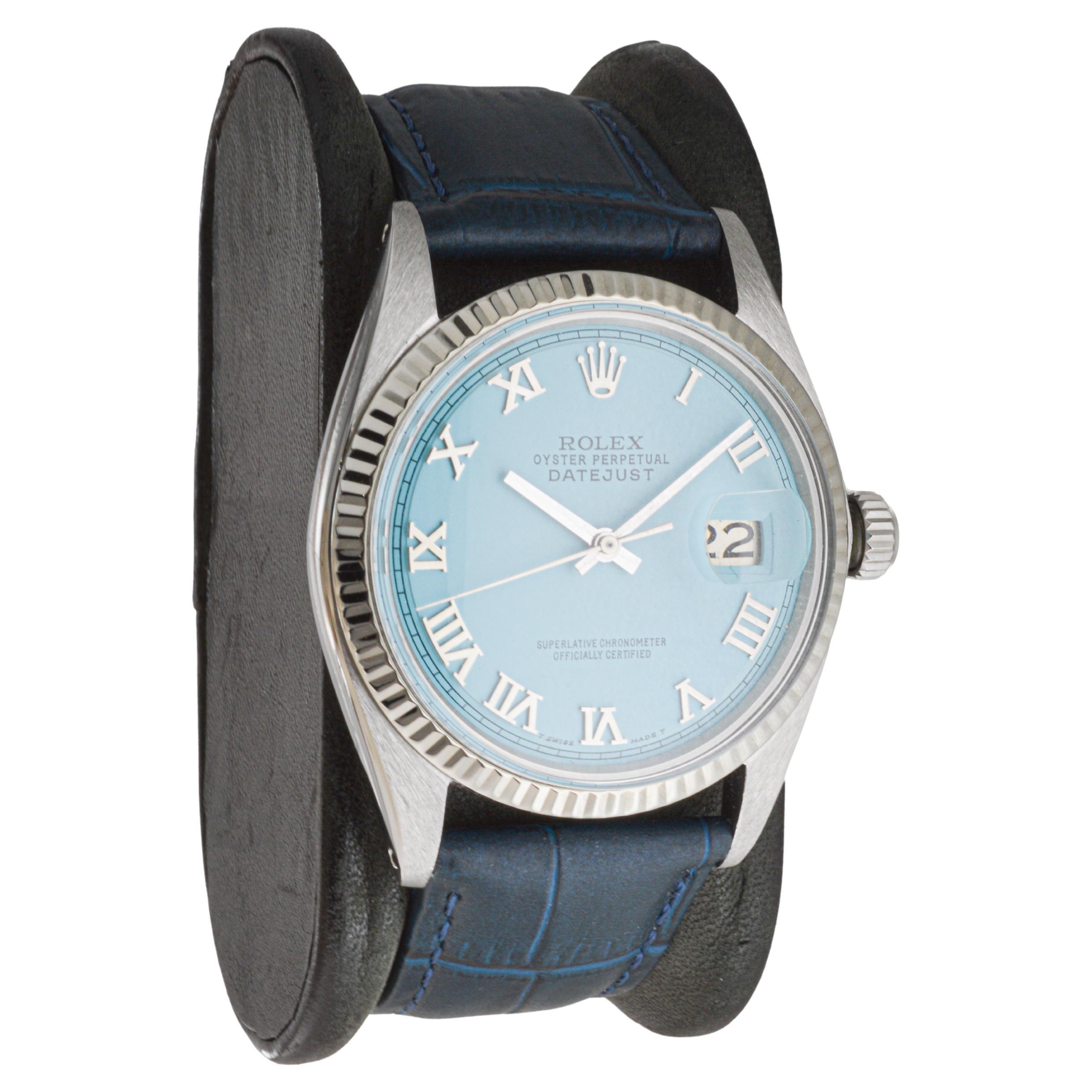 Modern Rolex Stainless Steel Datejust with Custom Blue circa, 1960 / 70's For Sale