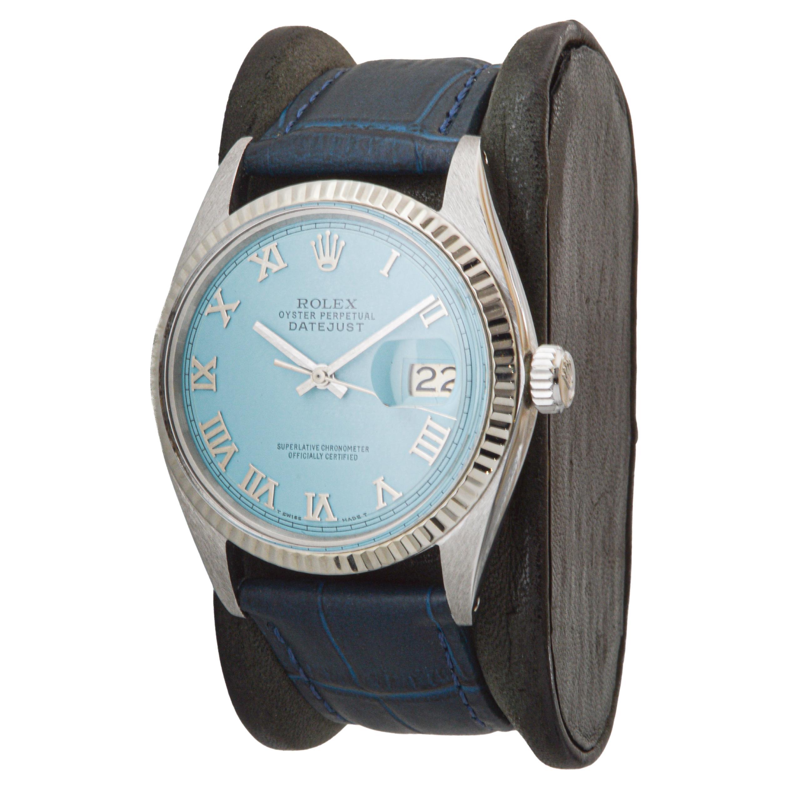 Women's or Men's Rolex Stainless Steel Datejust with Custom Blue circa, 1960 / 70's For Sale