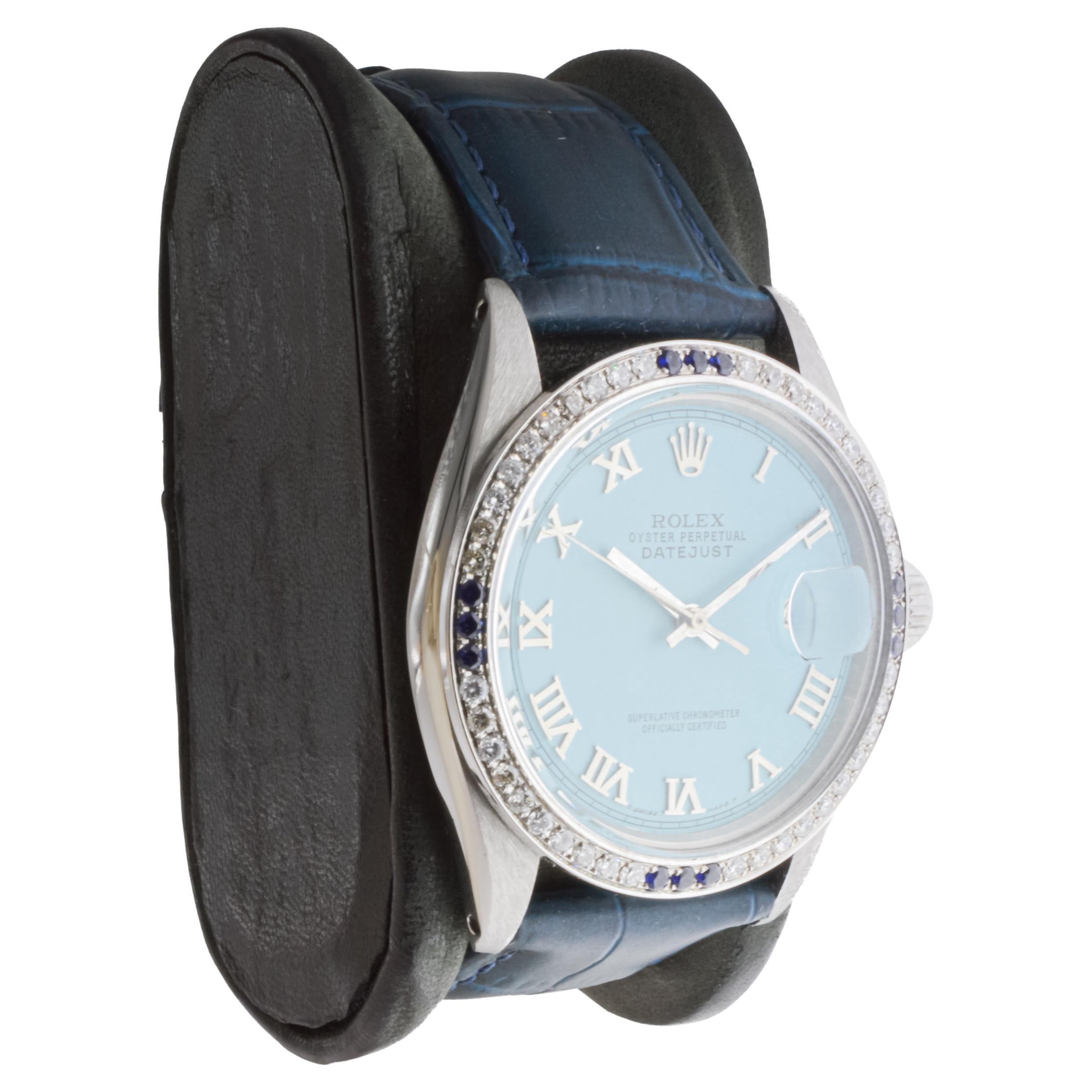 Rolex Stainless Steel Datejust with Custom Blue Dial and Diamond Bezel For Sale 5
