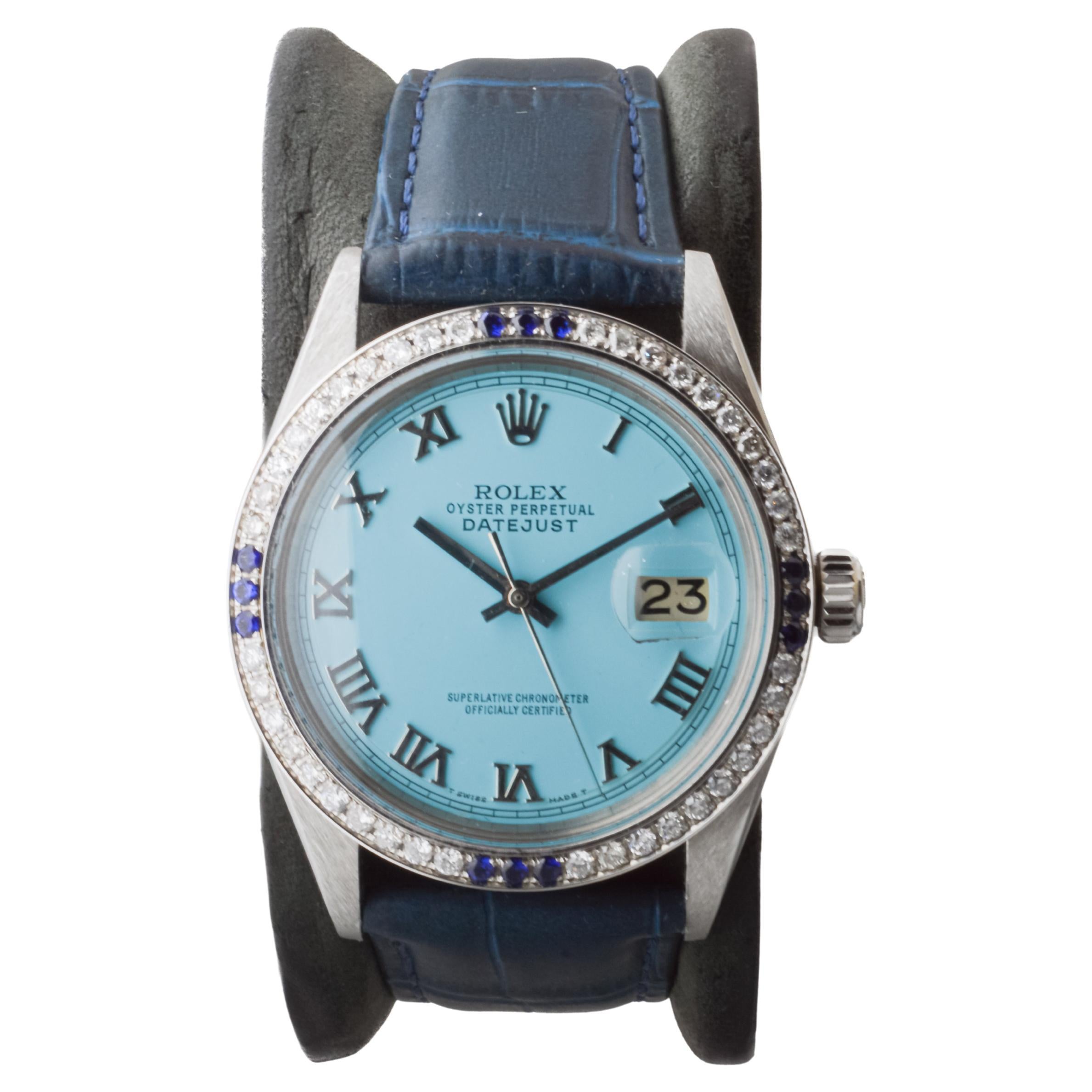 Rolex Stainless Steel Datejust with Custom Blue Dial and Diamond Bezel For Sale 6
