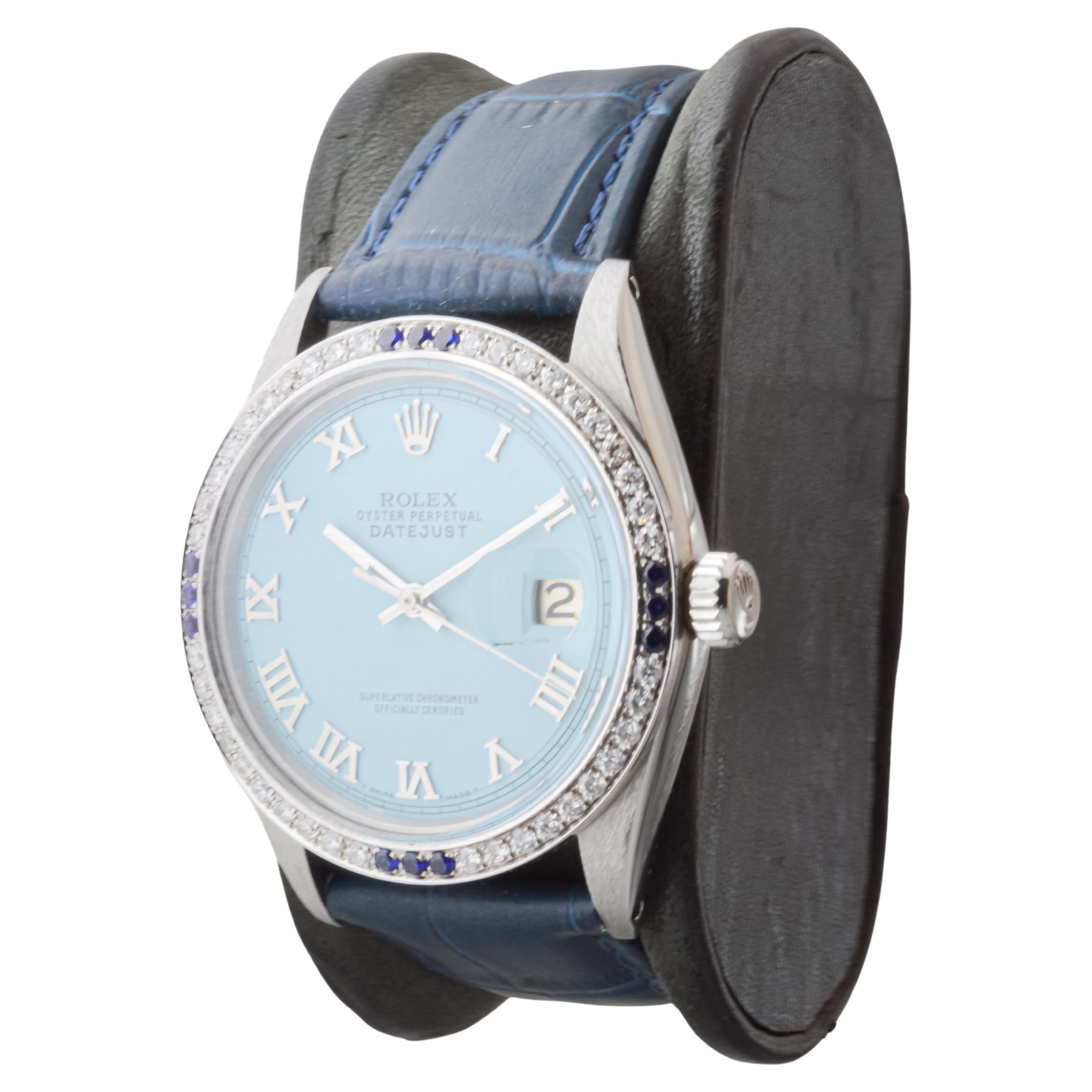 Rolex Stainless Steel Datejust with Custom Blue Dial and Diamond Bezel For Sale 7