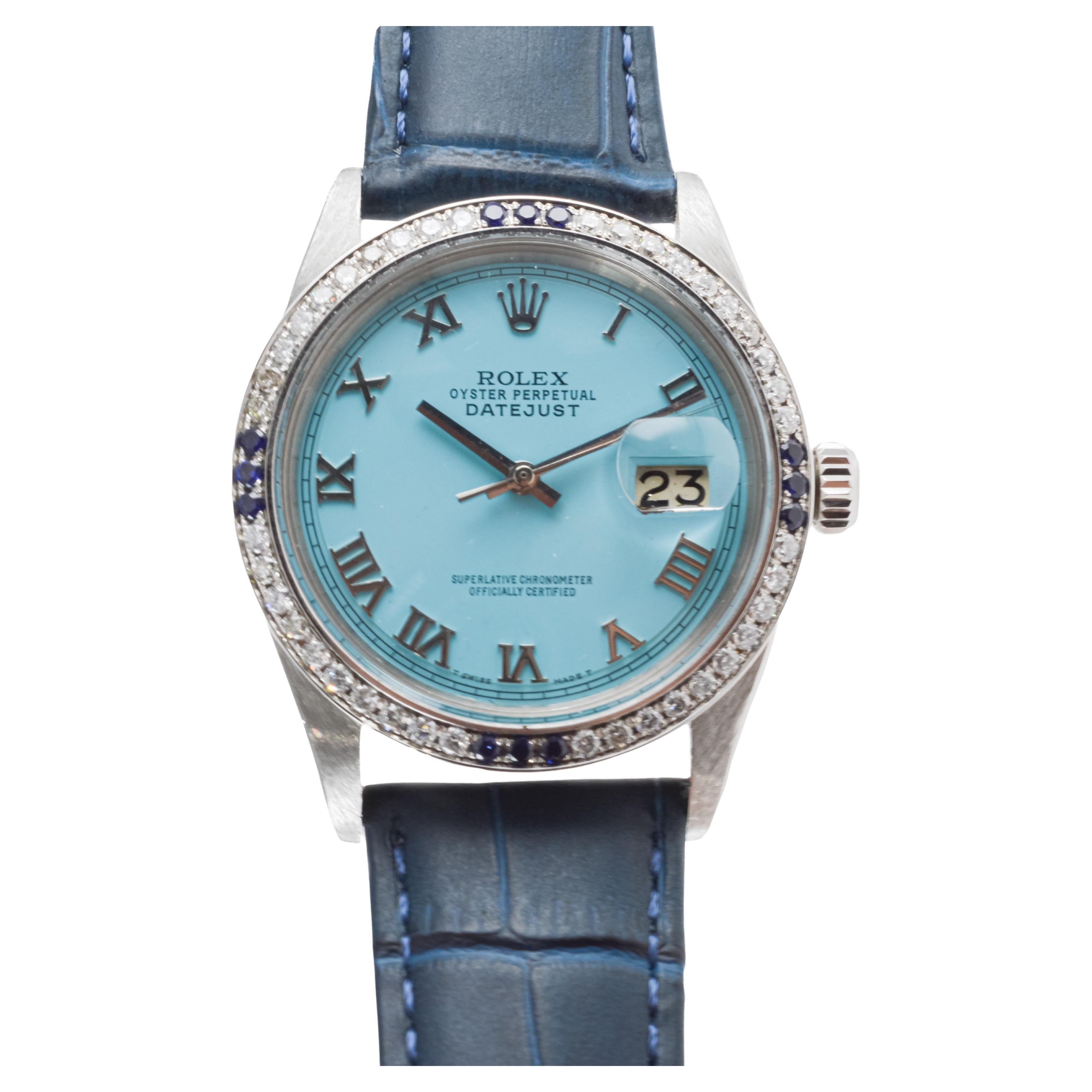 Rolex Datejust in acciaio inossidabile con quadrante blu personalizzato e lunetta con diamanti in vendita 8