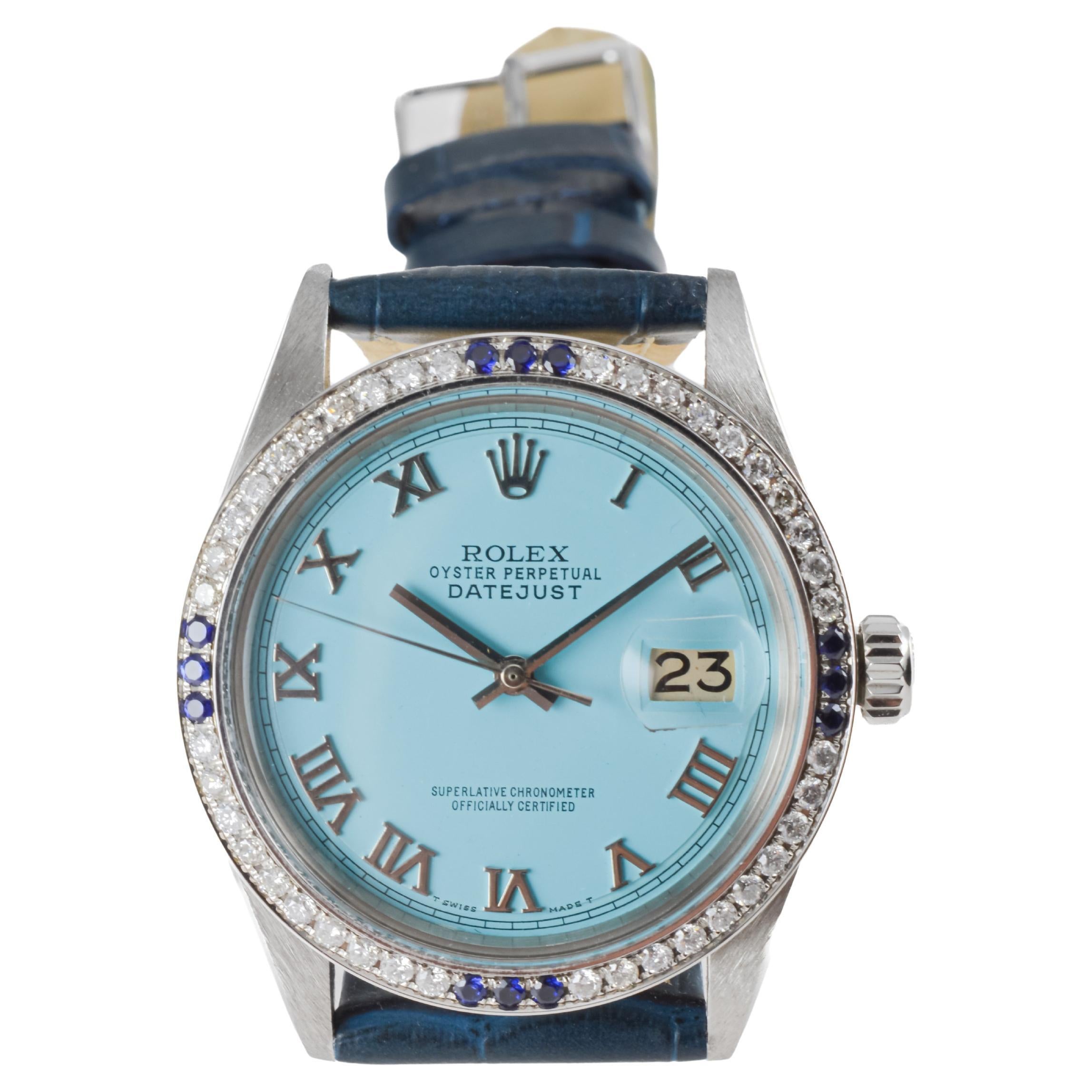 Rolex Stainless Steel Datejust with Custom Blue Dial and Diamond Bezel For Sale 9