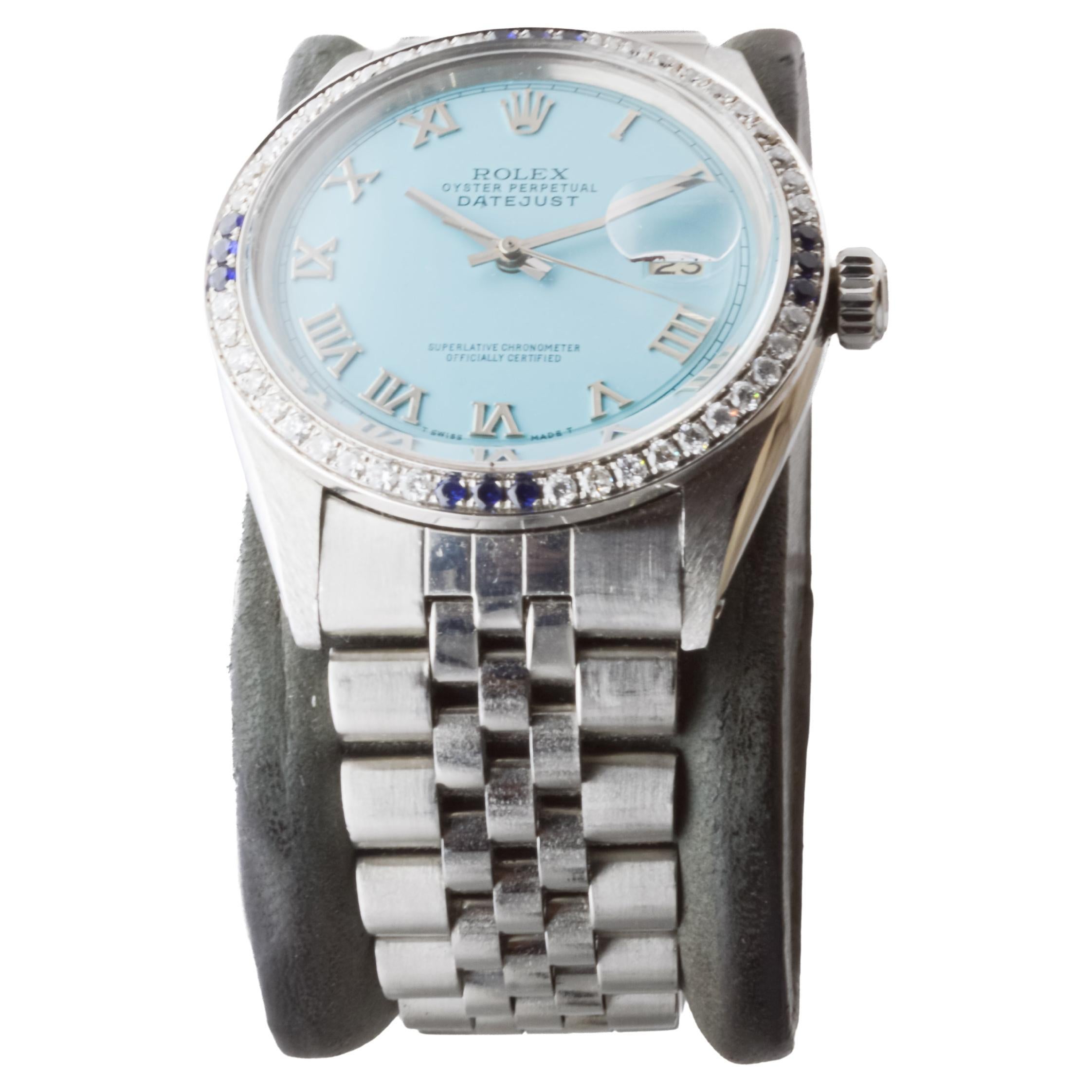 Modern Rolex Stainless Steel Datejust with Custom Blue Dial and Diamond Bezel For Sale