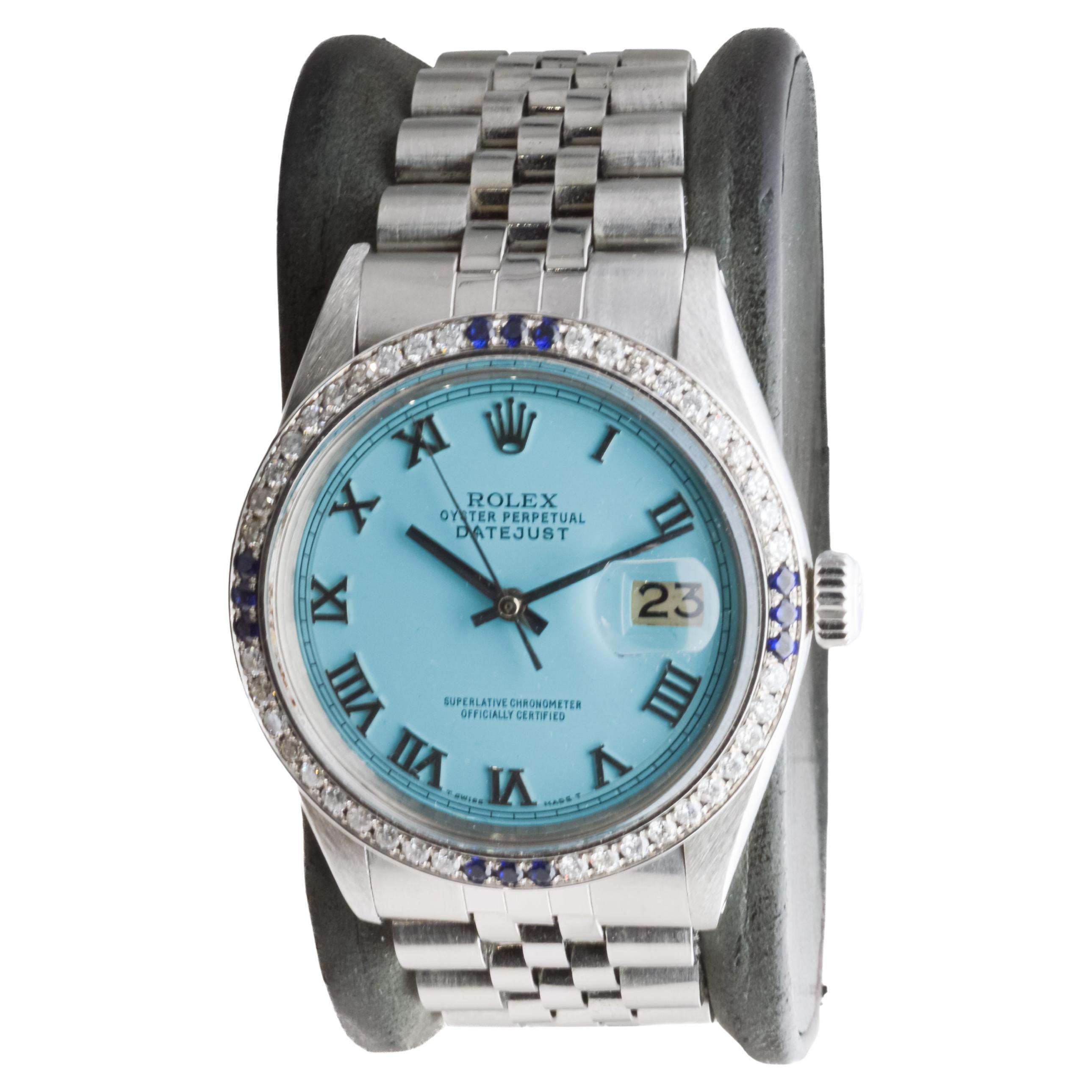 Rolex Stainless Steel Datejust with Custom Blue Dial and Diamond Bezel In Excellent Condition For Sale In Long Beach, CA