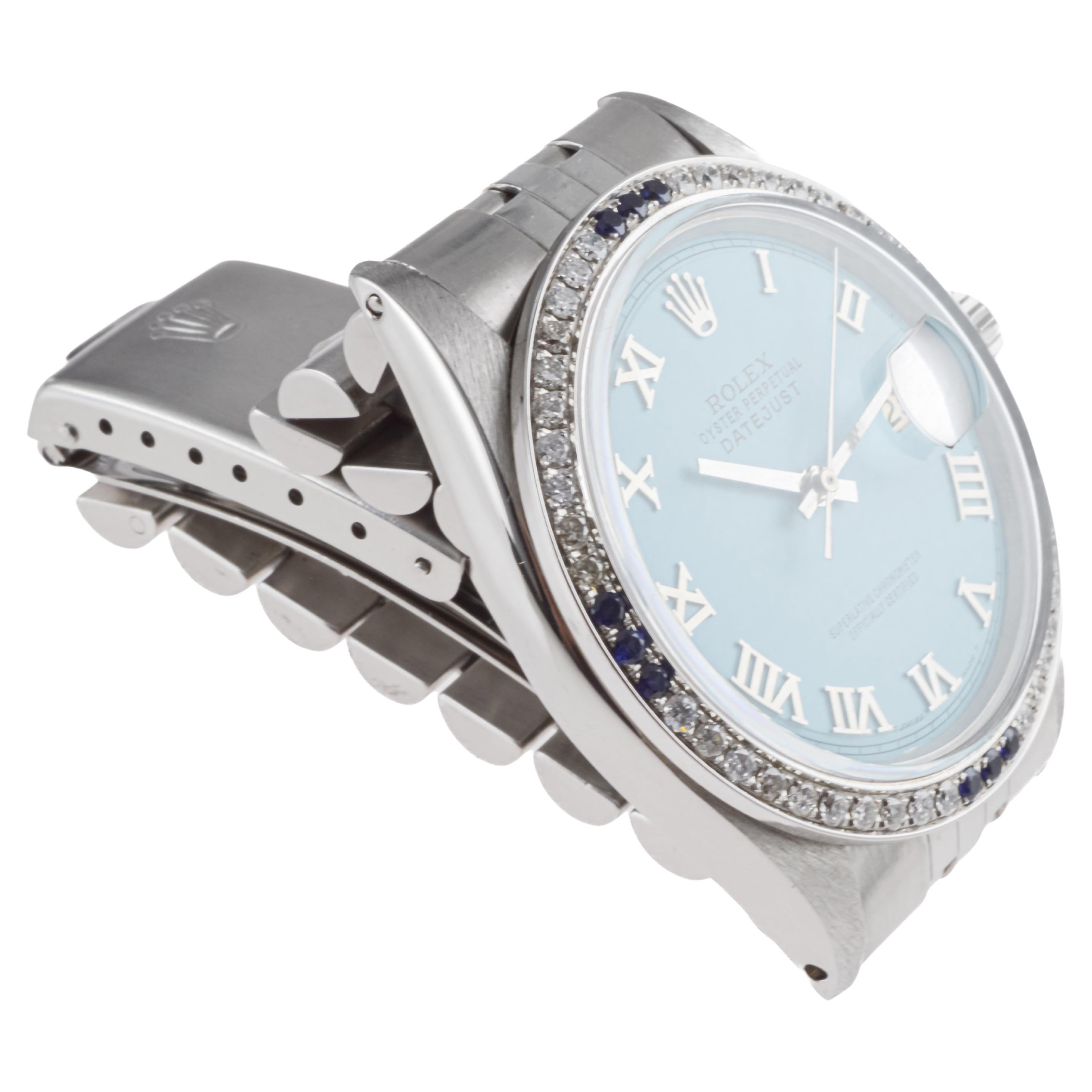 Women's or Men's Rolex Stainless Steel Datejust with Custom Blue Dial and Diamond Bezel For Sale