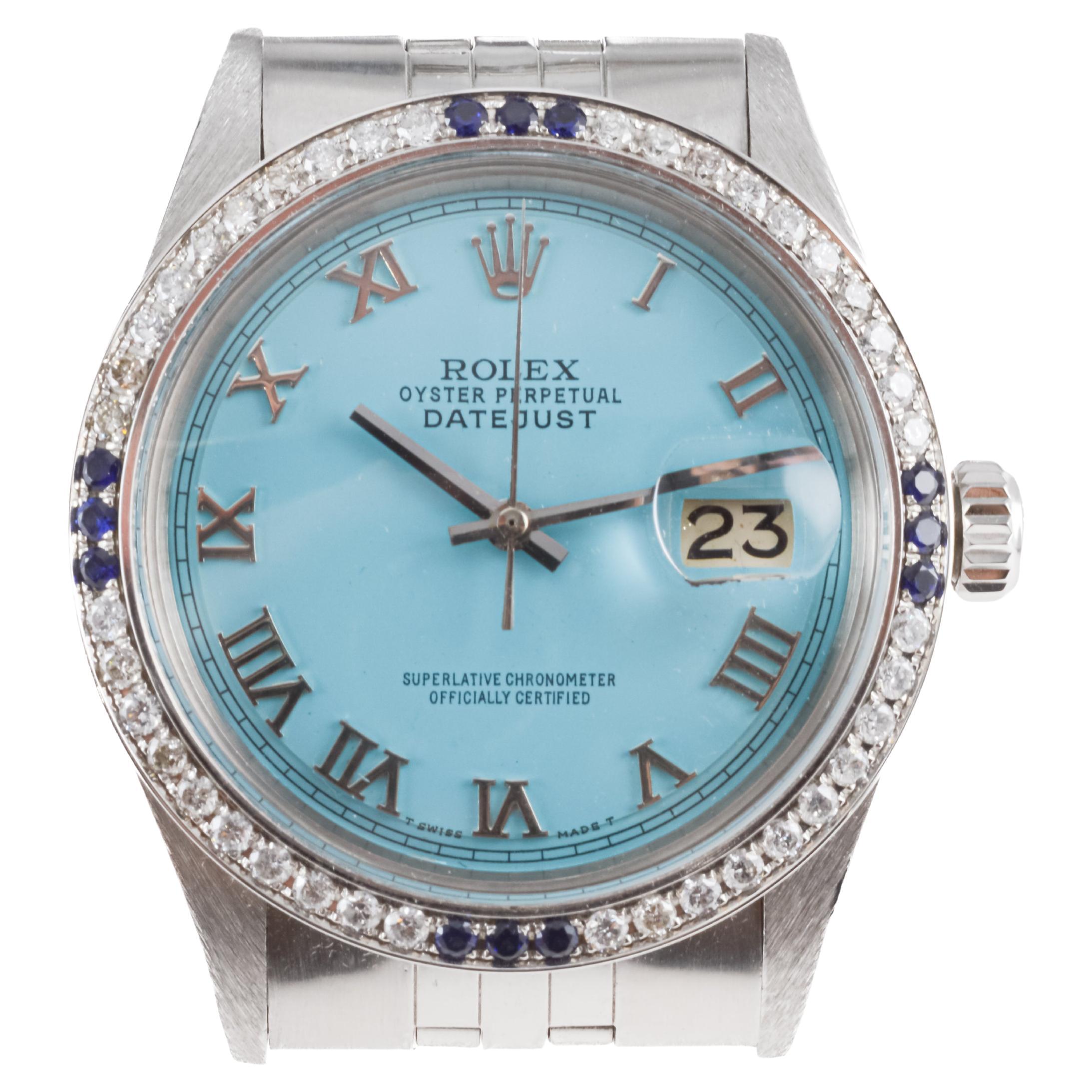Rolex Stainless Steel Datejust with Custom Blue Dial and Diamond Bezel For Sale 1