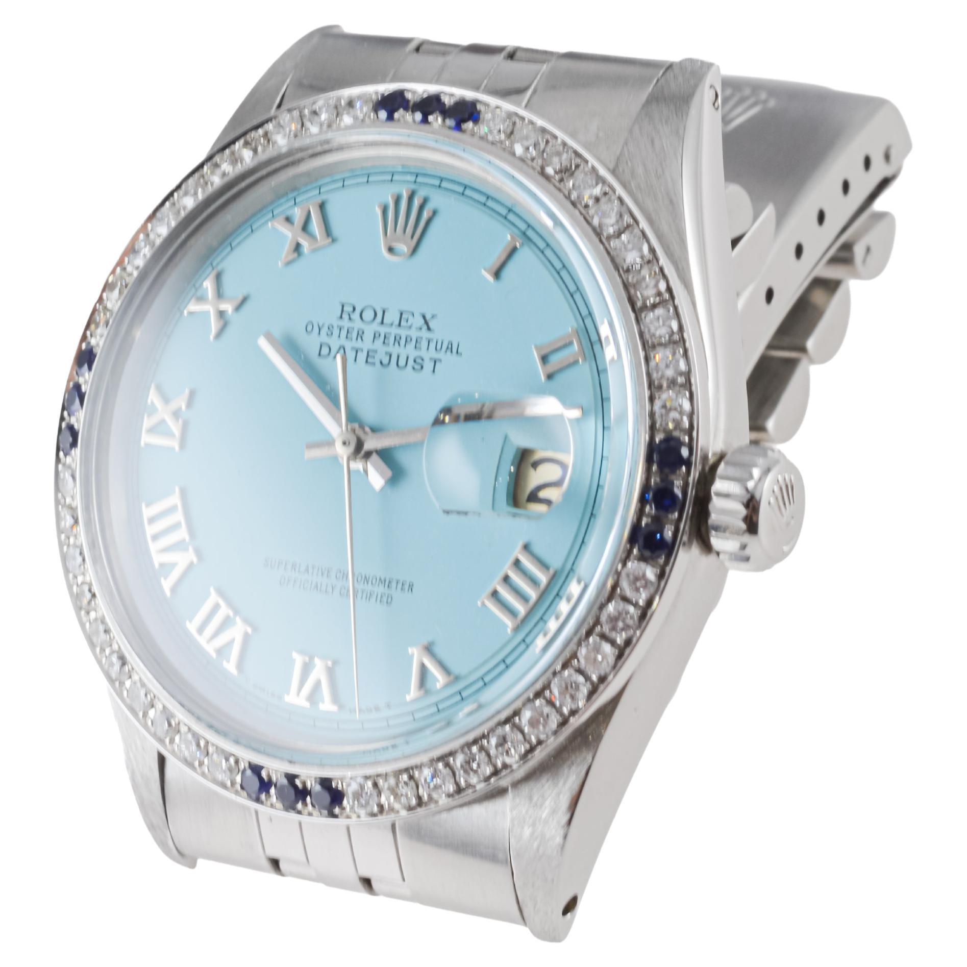 Rolex Stainless Steel Datejust with Custom Blue Dial and Diamond Bezel For Sale 2