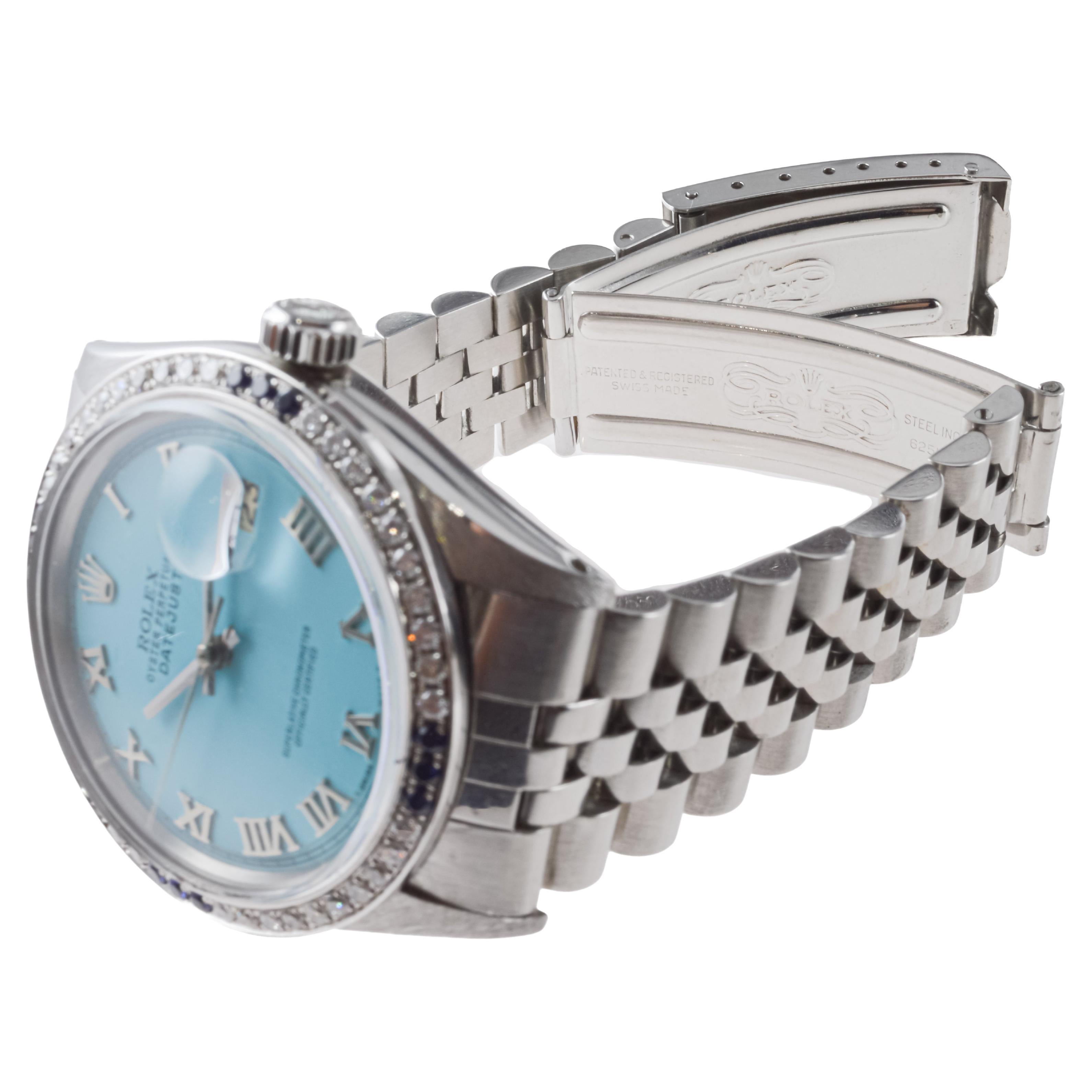 Rolex Stainless Steel Datejust with Custom Blue Dial and Diamond Bezel For Sale 3