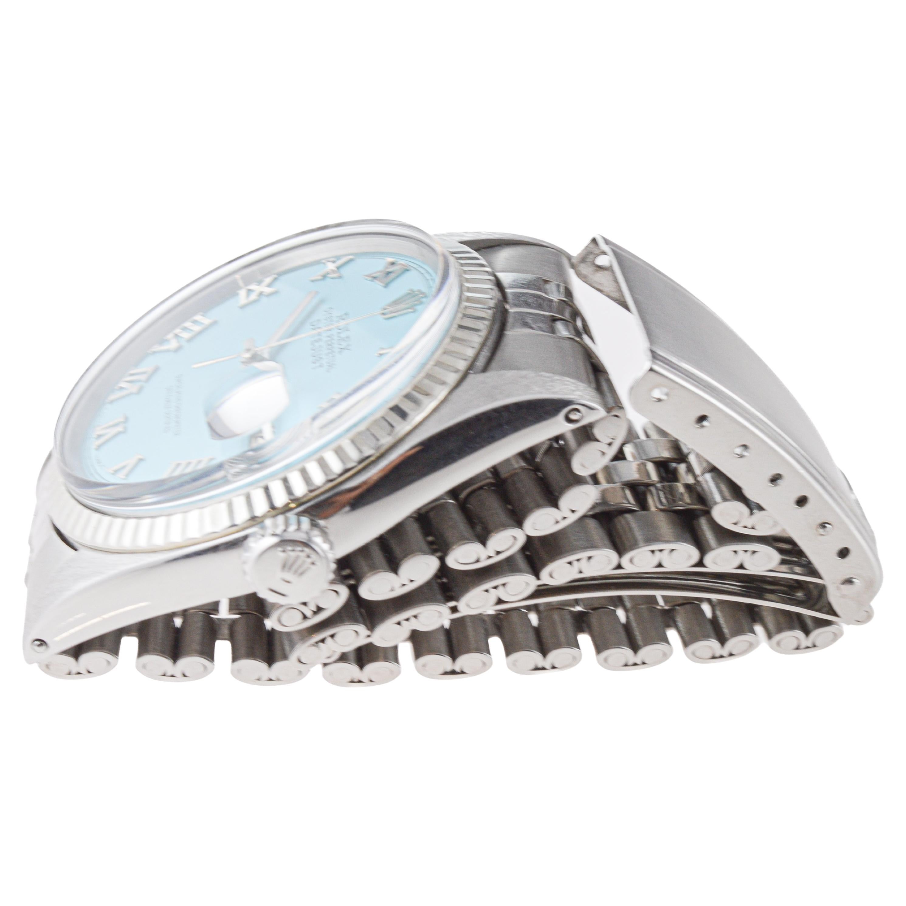 Rolex Stainless Steel Datejust with Custom Blue Roman Numeral Dial circa, 1960's For Sale 5