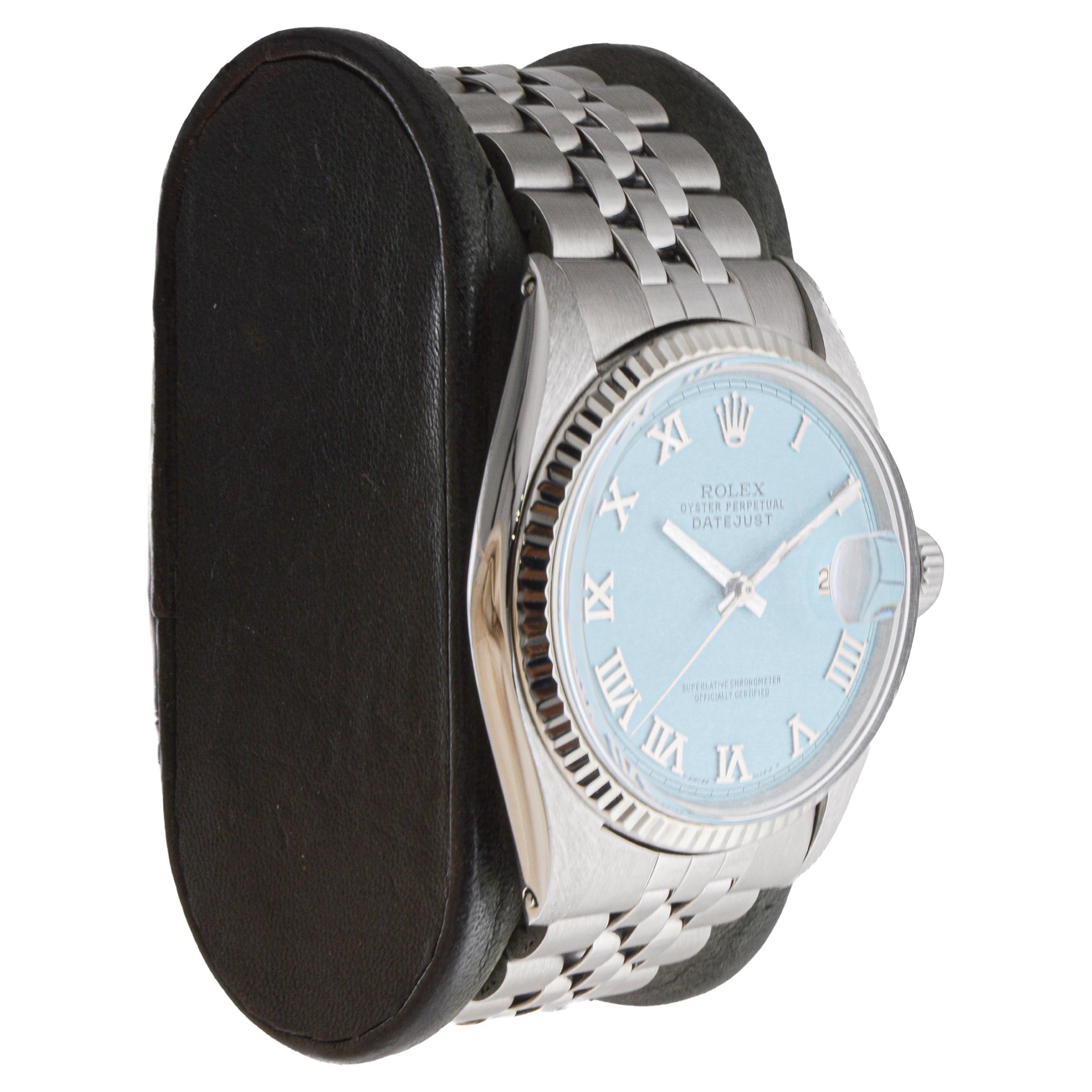 FACTORY / HOUSE: Rolex Watch Company
STYLE / REFERENCE: Oyster Perpetual Datejust / Reference 1601
METAL / MATERIAL: Stainless Steel / Solid White Gold Bezel 
CIRCA / YEAR: 1960's
DIMENSIONS / SIZE: Length 43mm X Diameter 36mm
MOVEMENT / CALIBER: