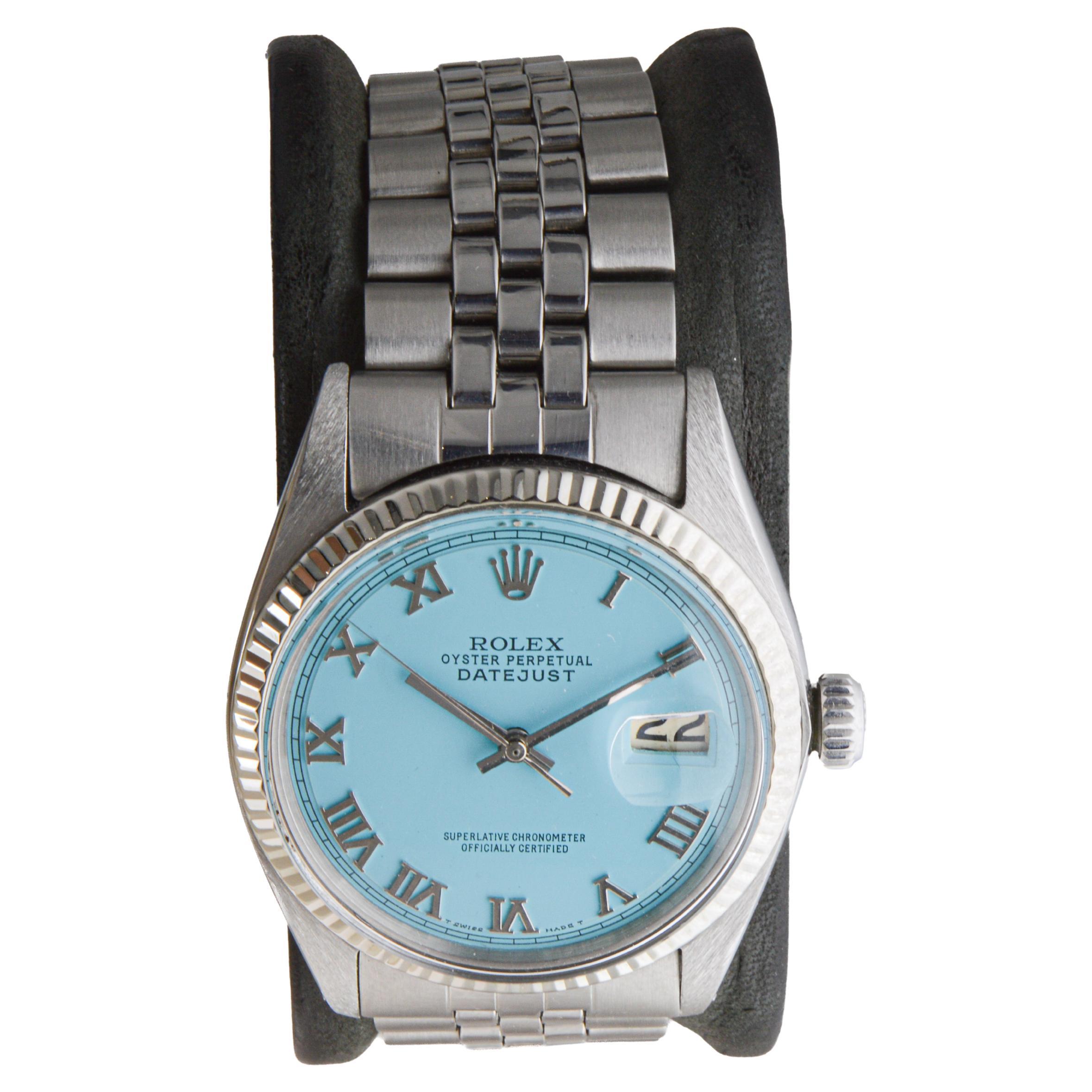 Rolex Stainless Steel Datejust with Custom Blue Roman Numeral Dial circa, 1960's In Excellent Condition For Sale In Long Beach, CA