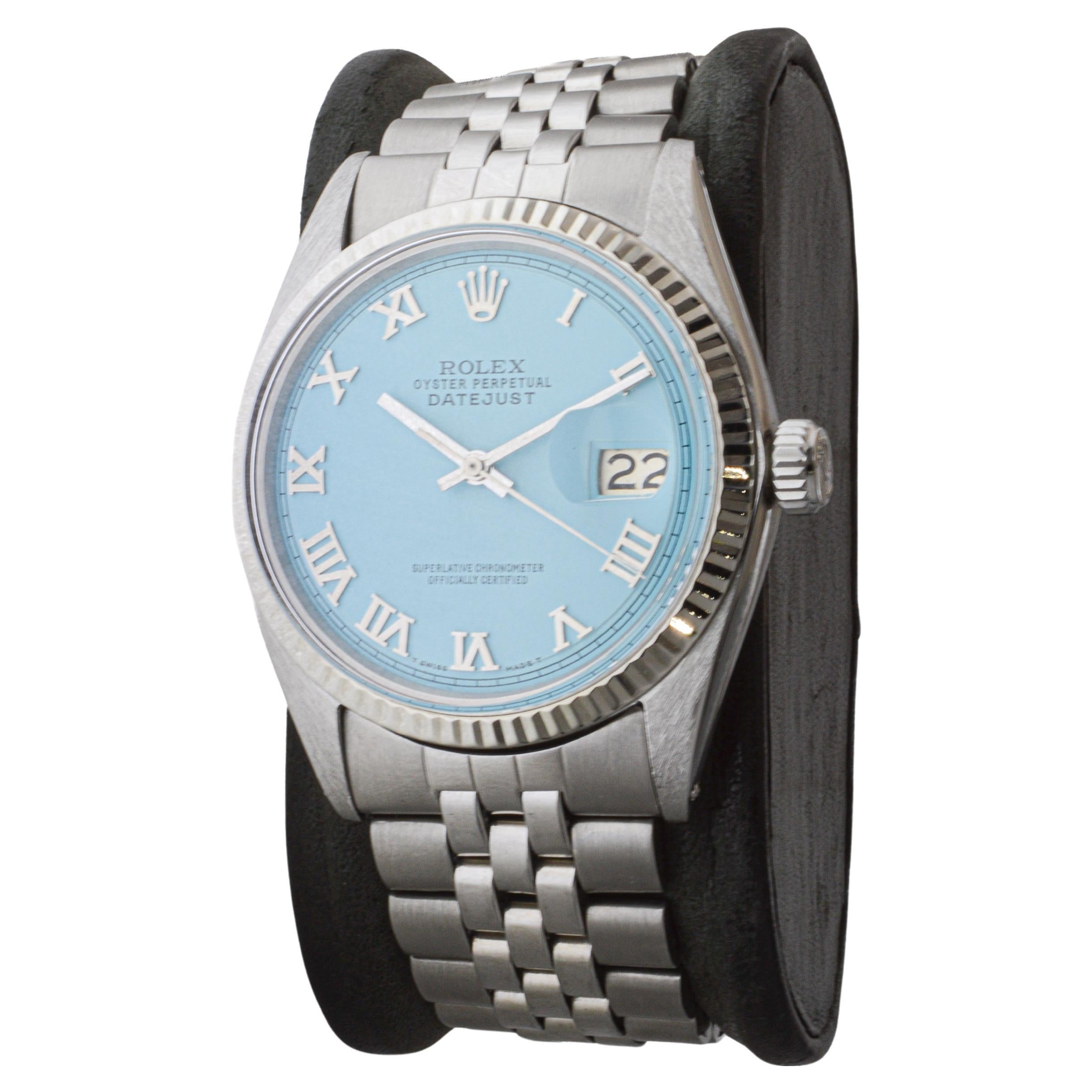 Women's or Men's Rolex Stainless Steel Datejust with Custom Blue Roman Numeral Dial circa, 1960's For Sale