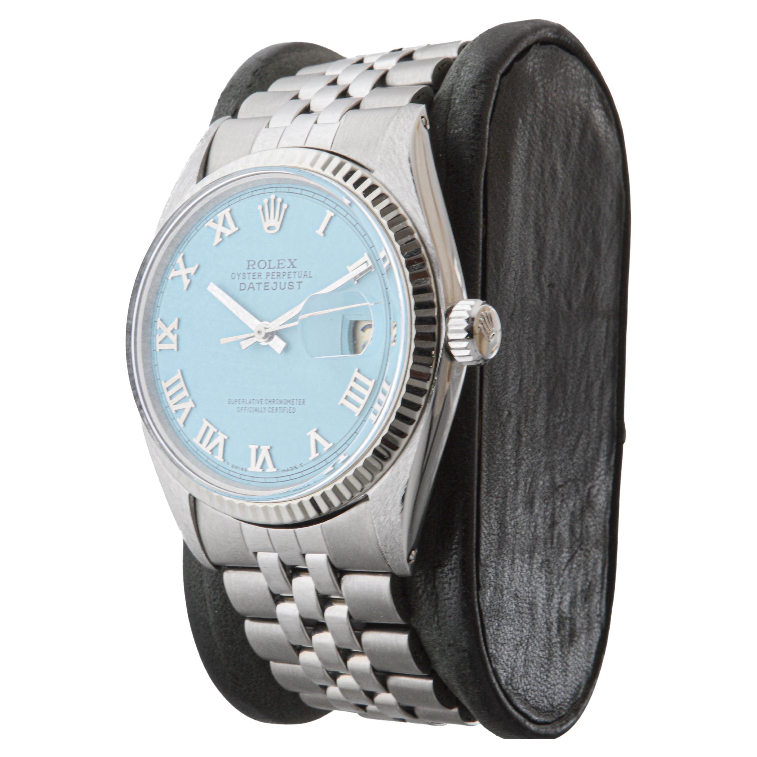 Rolex Stainless Steel Datejust with Custom Blue Roman Numeral Dial circa, 1960's For Sale 1