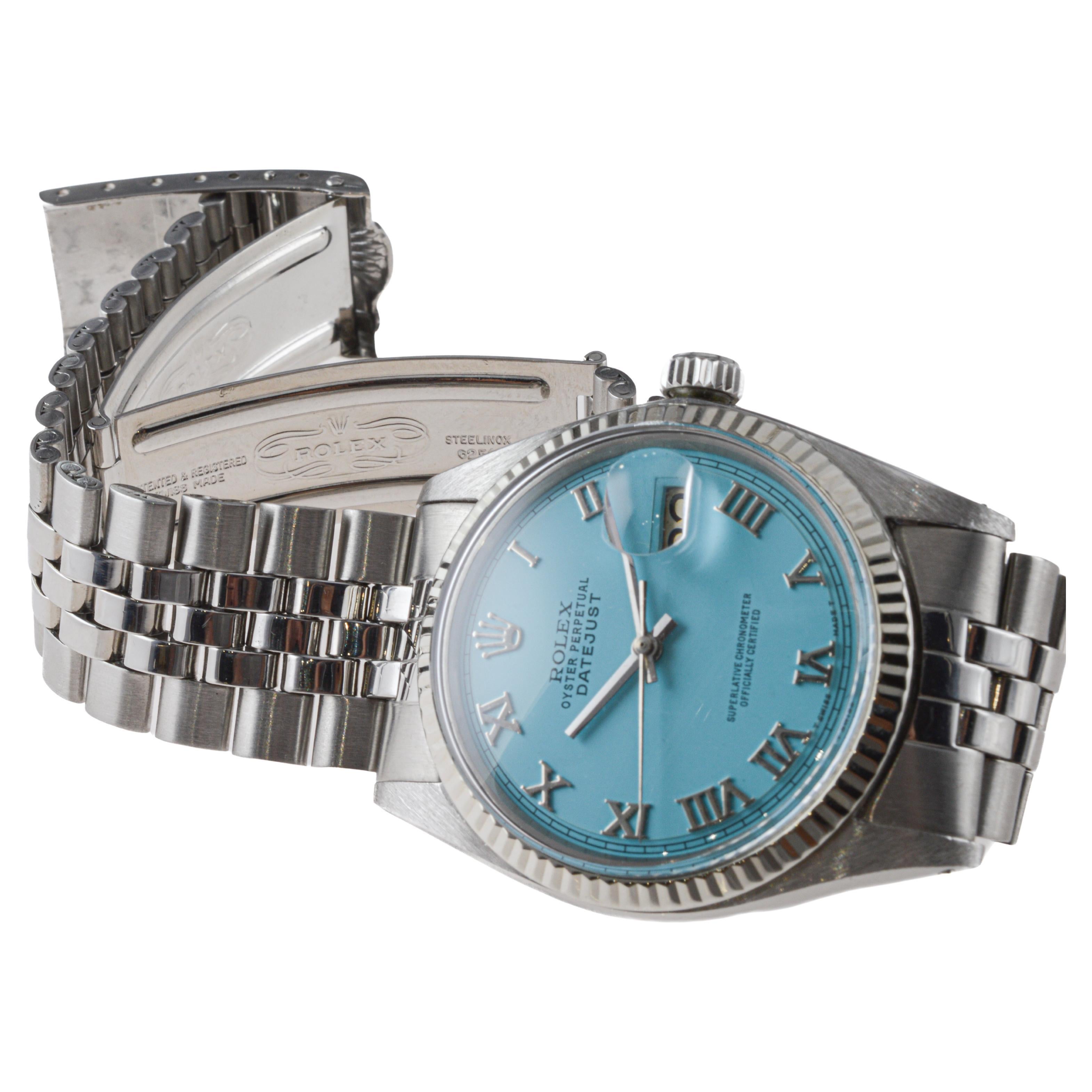 Rolex Stainless Steel Datejust with Custom Blue Roman Numeral Dial circa, 1960's For Sale 2