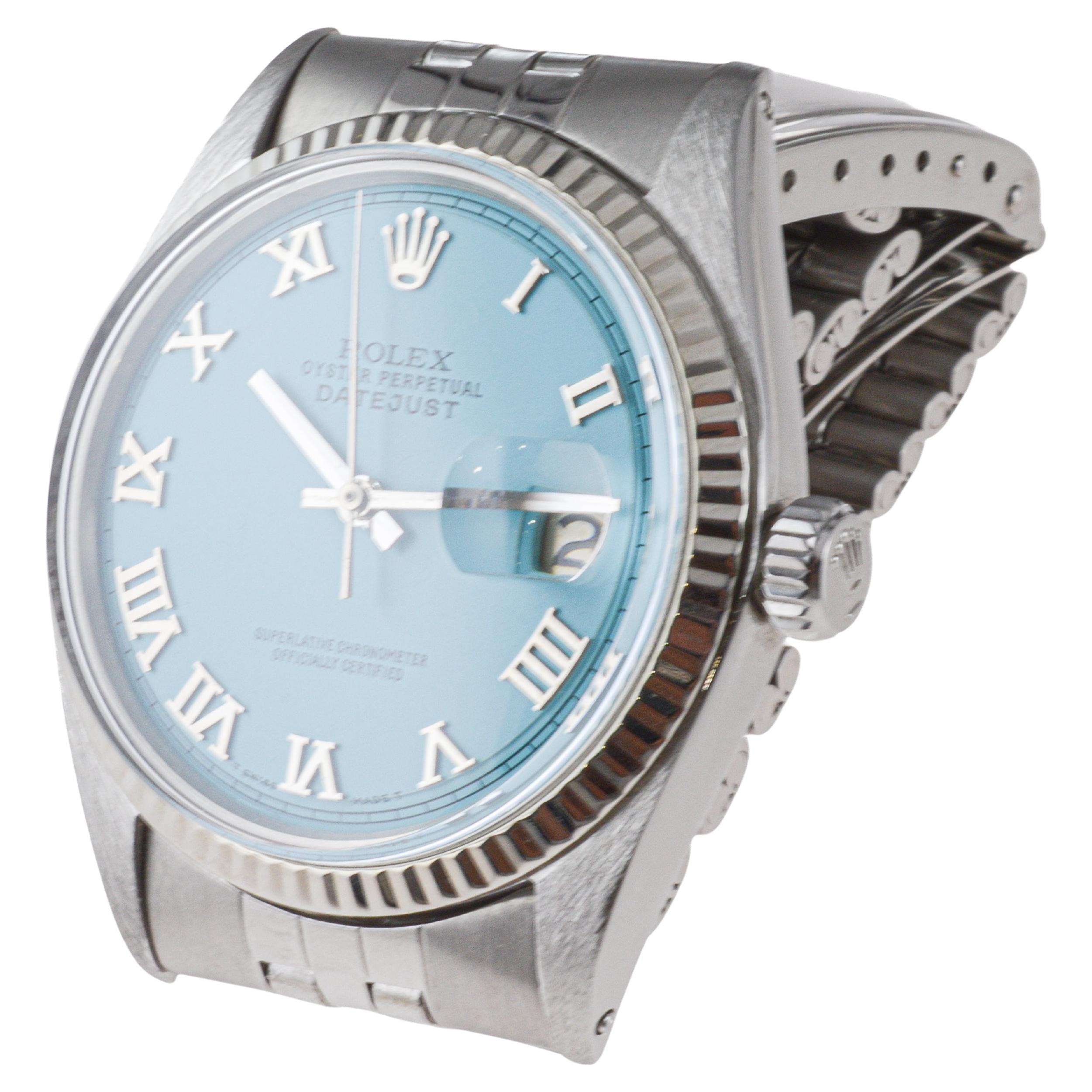 Rolex Stainless Steel Datejust with Custom Blue Roman Numeral Dial circa, 1960's For Sale 4