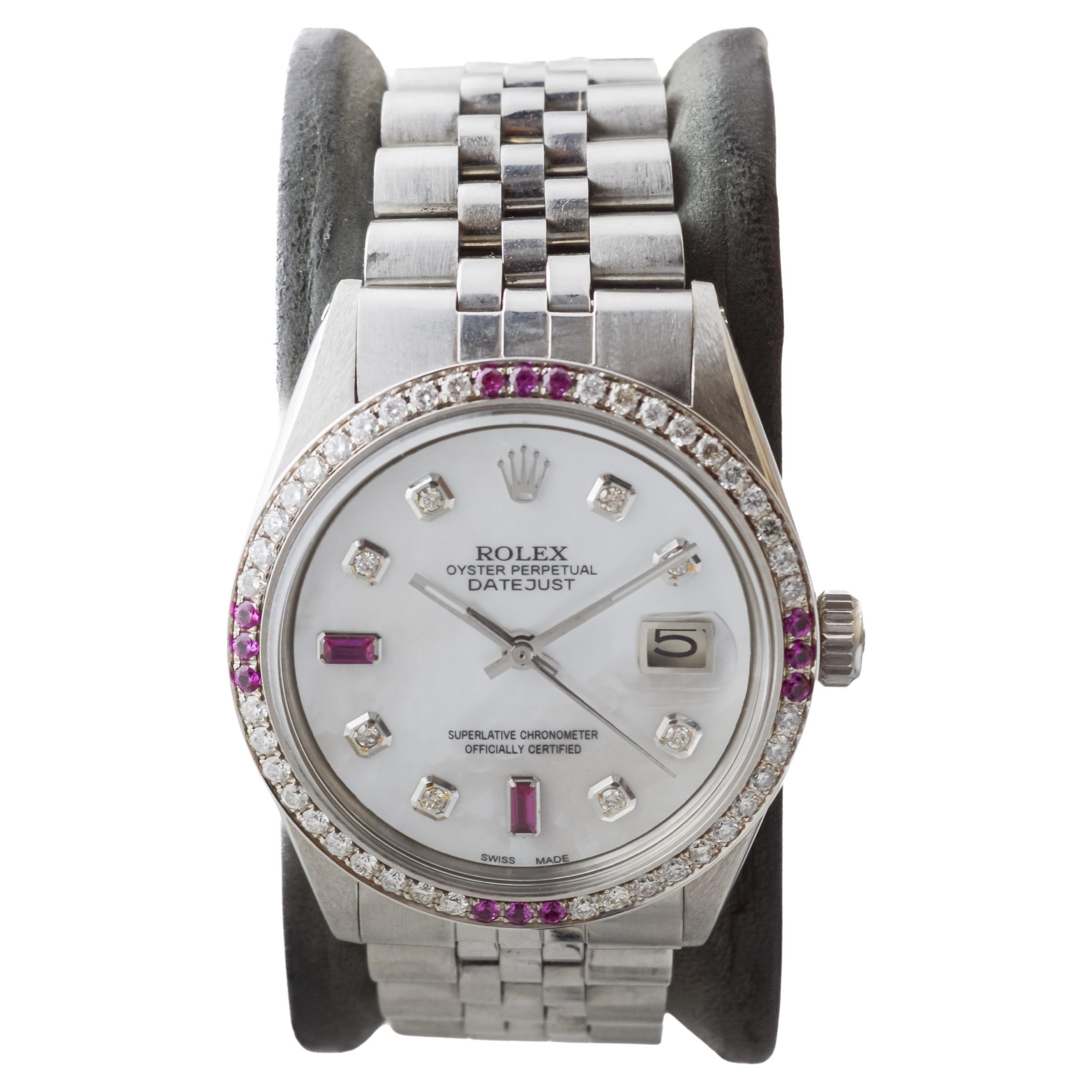 Women's or Men's Rolex Stainless Steel Datejust with Custom Dial and Bezel circa, 1970's For Sale