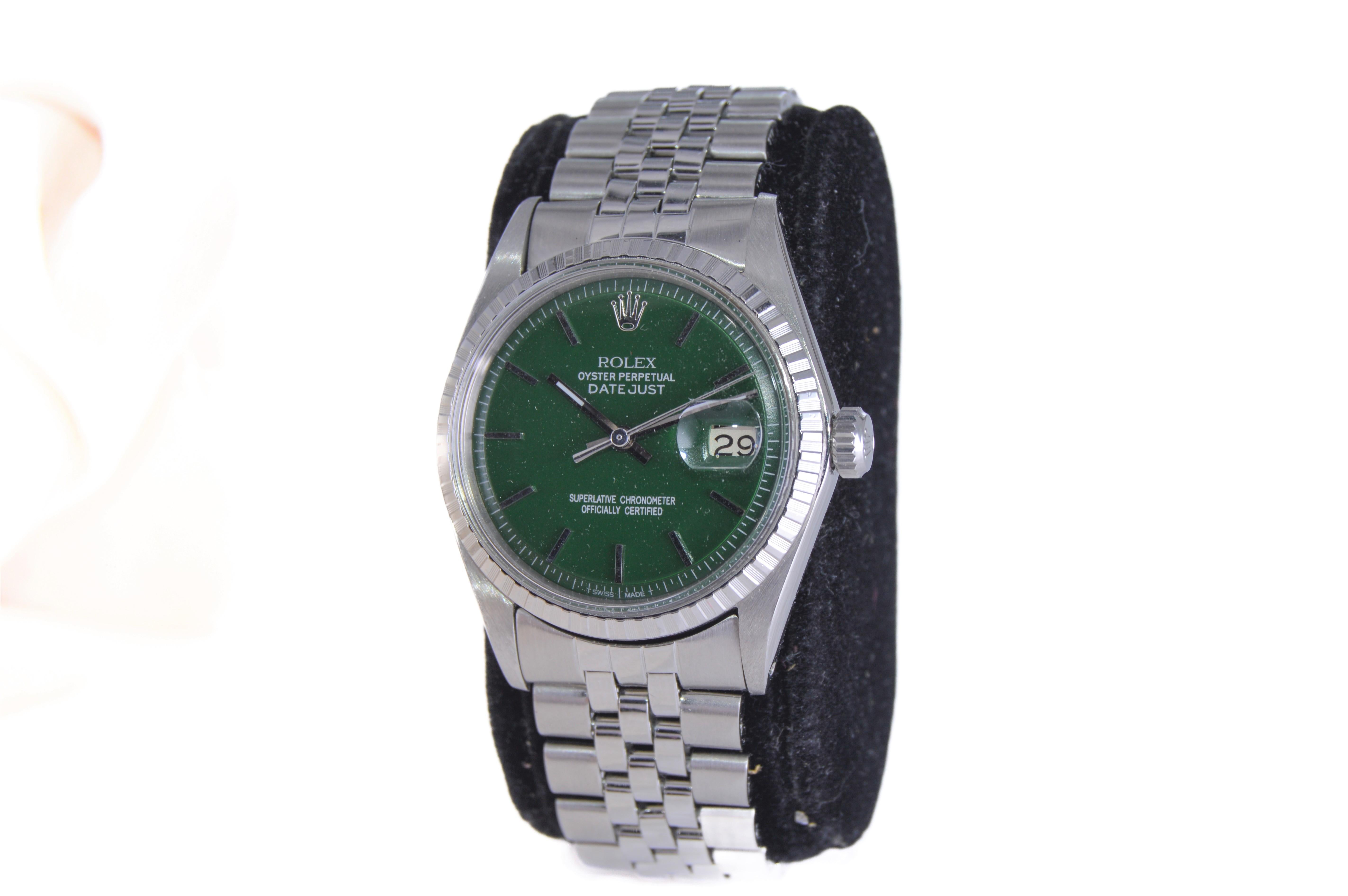 Moderne Rolex Montre Datejust en acier inoxydable avec cadran vert fini sur mesure, années 1960 en vente