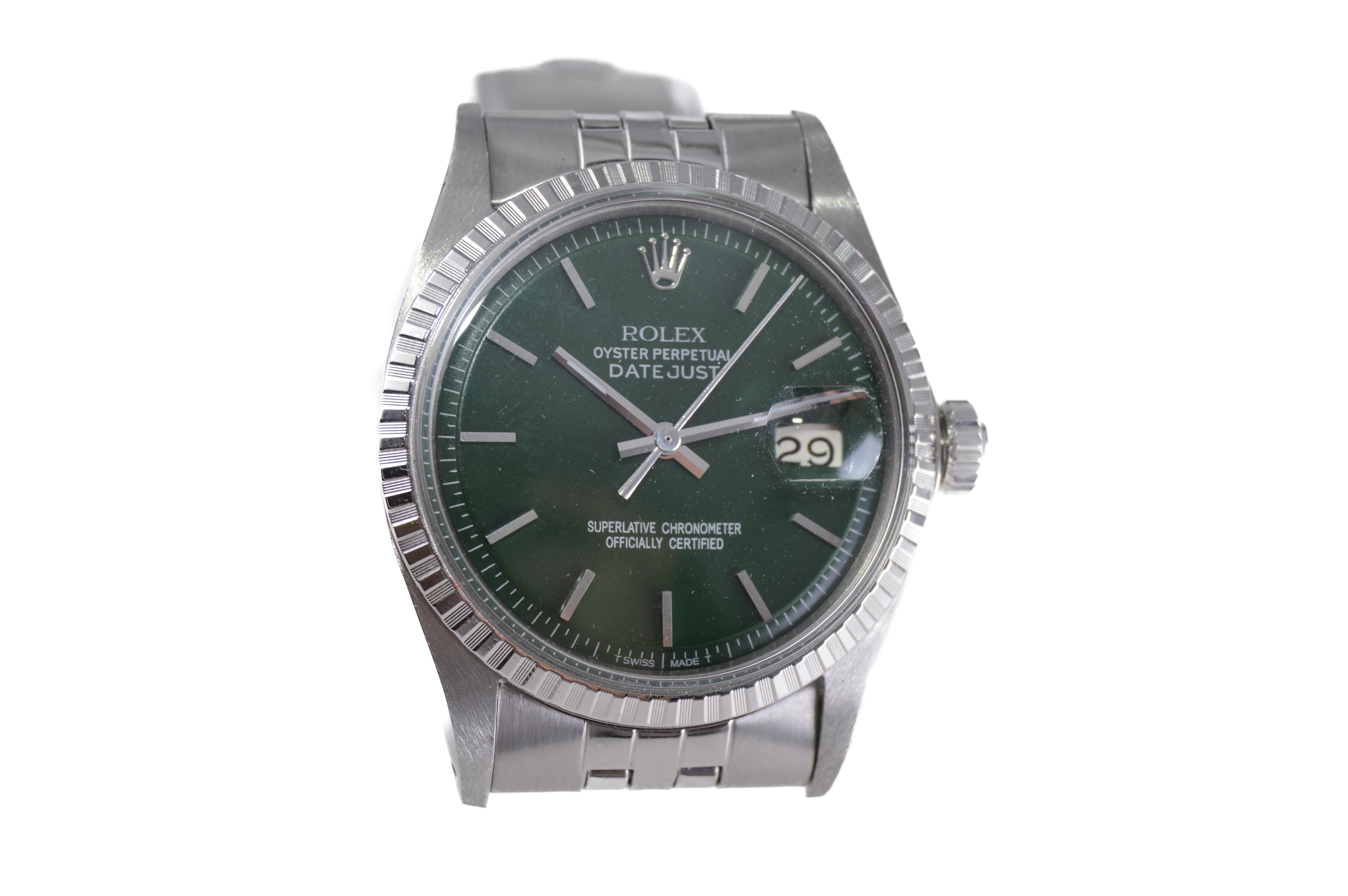 Modern Rolex Stainless Steel Datejust with Custom Finished Green Dial, 1960s For Sale