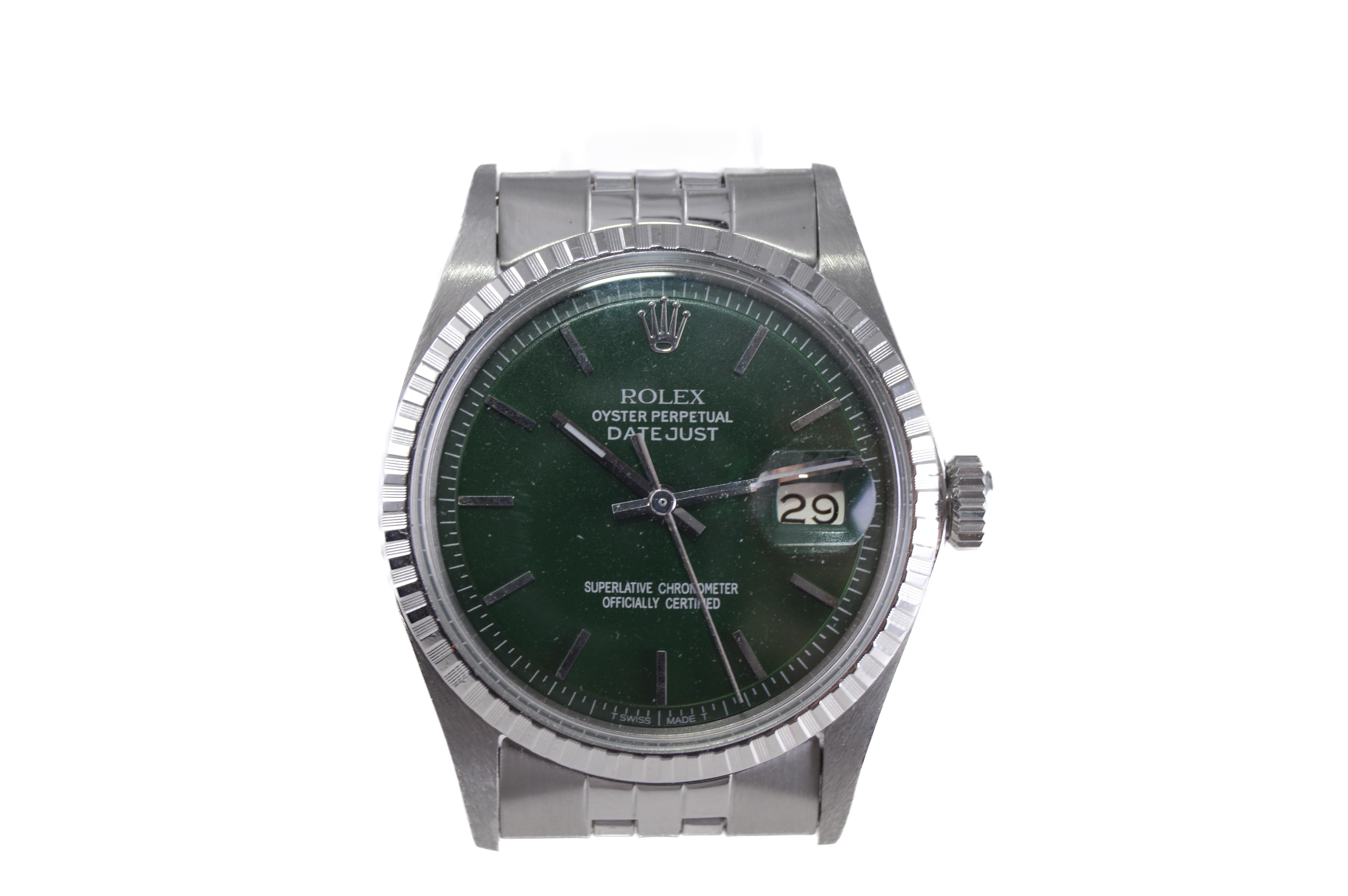 Rolex Stainless Steel Datejust with Custom Finished Green Dial, 1960s In Excellent Condition For Sale In Long Beach, CA